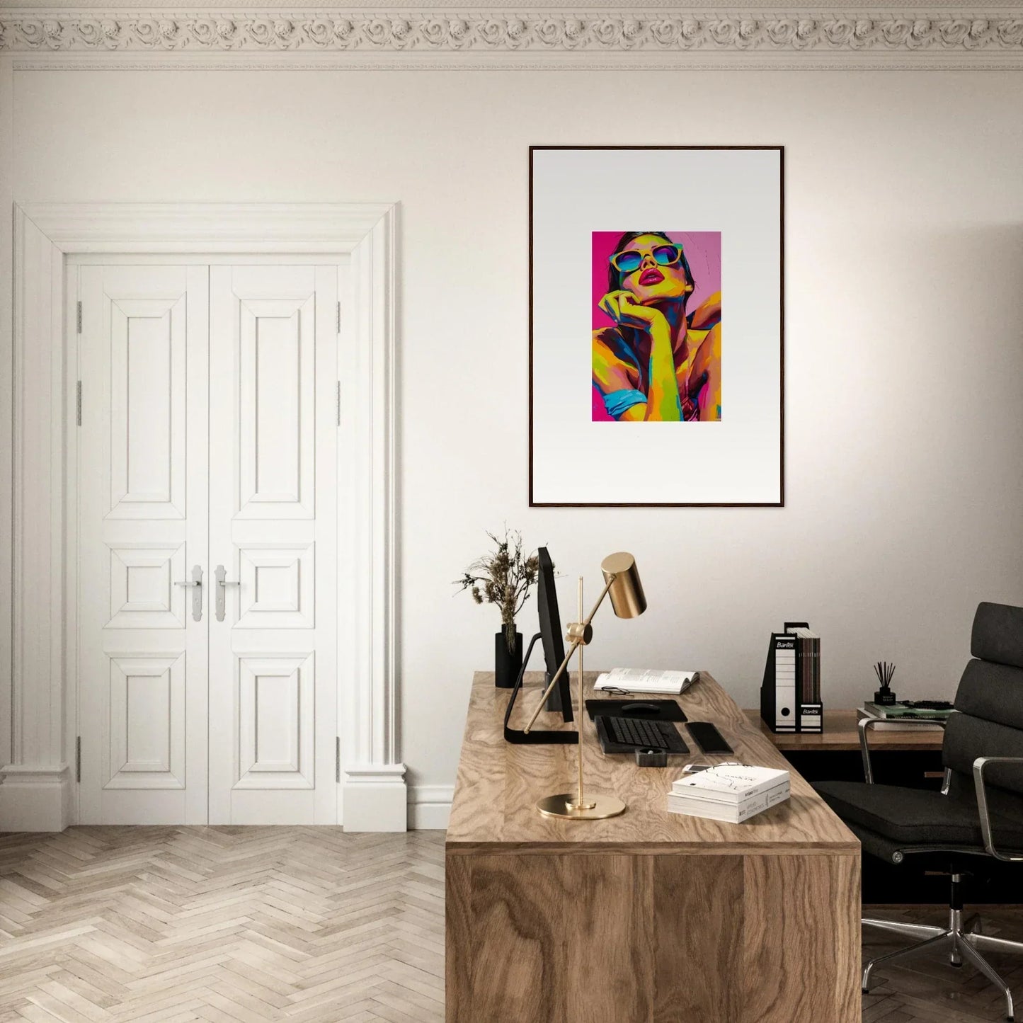 Stylish home office featuring wooden desk and framed wall art for daydream ecstasy room decor
