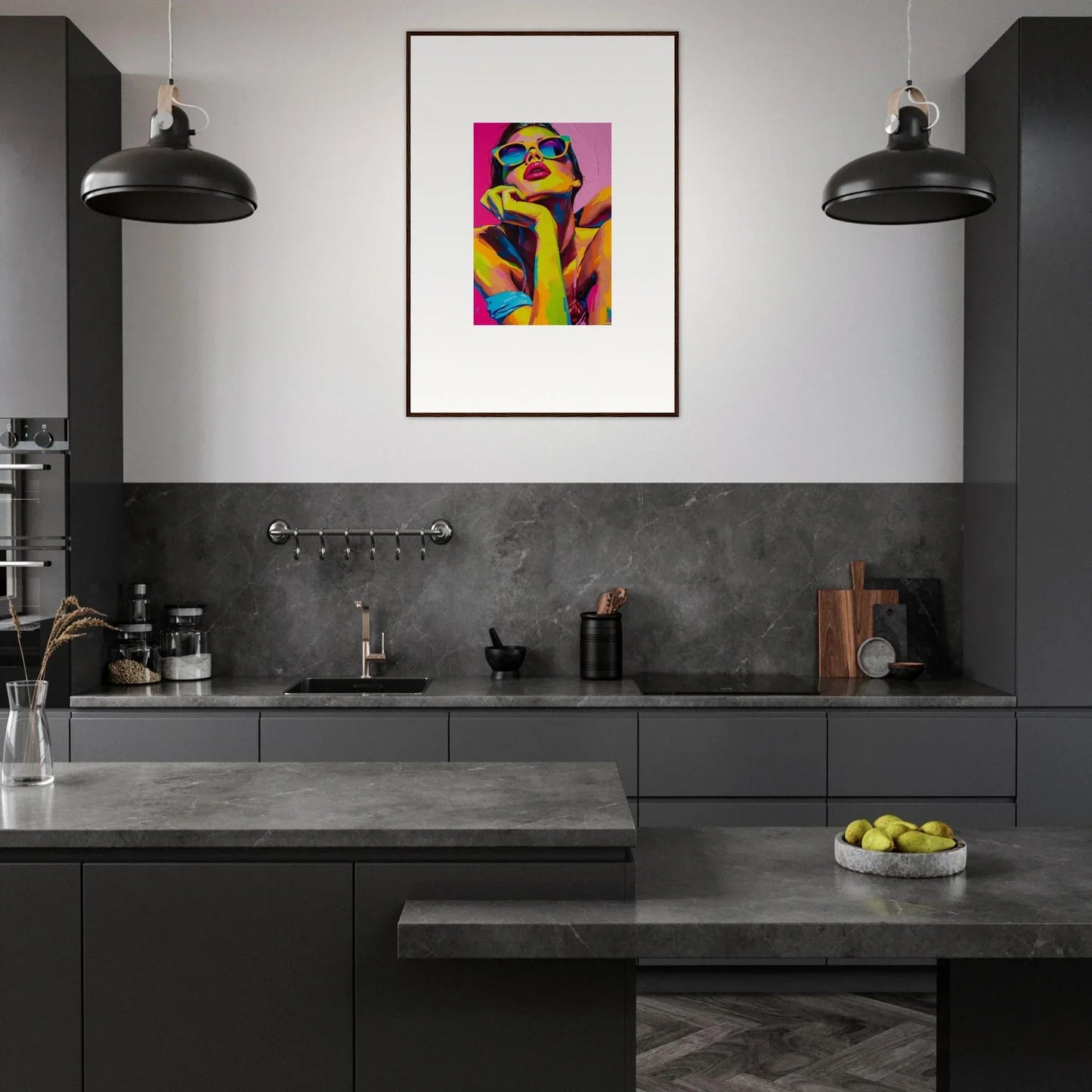 Modern monochromatic kitchen featuring Daydream Ecstasy framed wall art as focal point