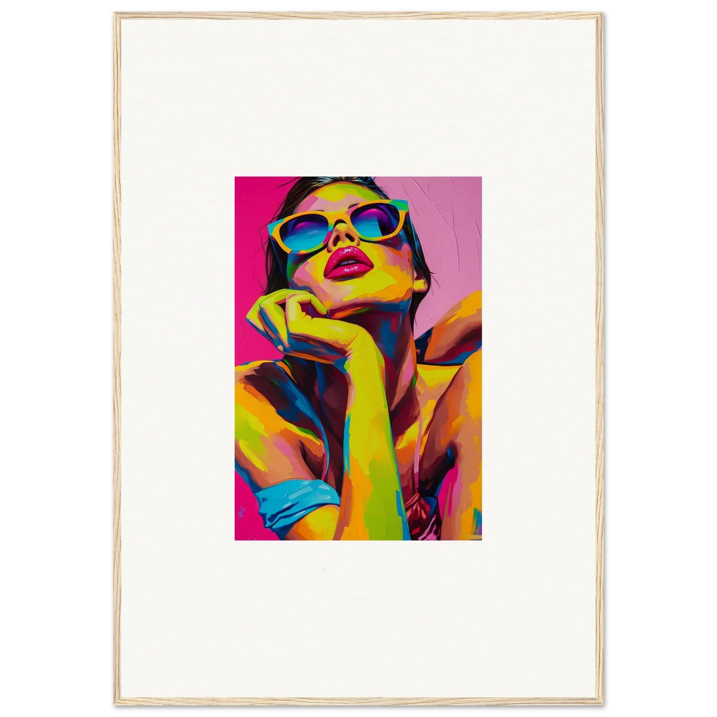 Colorful pop art portrait for room decor featuring bright blue sunglasses and daydream ecstasy