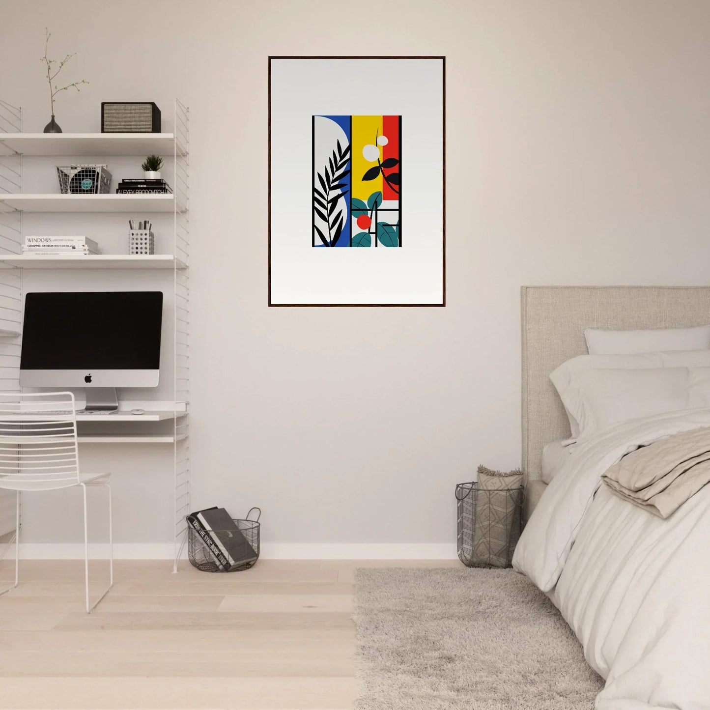 Colorful abstract canvas print of Dreamfolk Blooming with geometric shapes and palm leaf