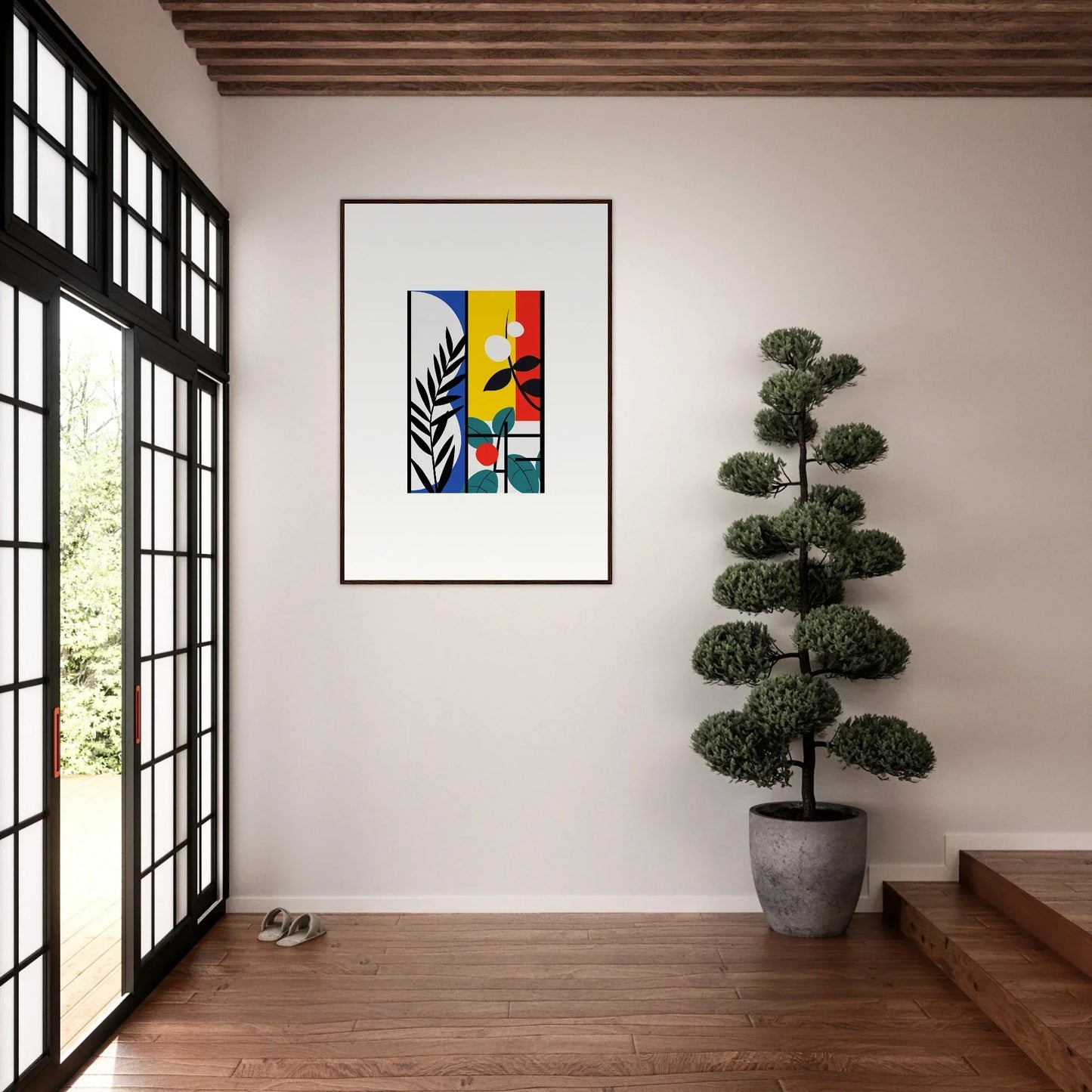 Framed abstract canvas print of Dreamfolk Blooming with vibrant geometric shapes