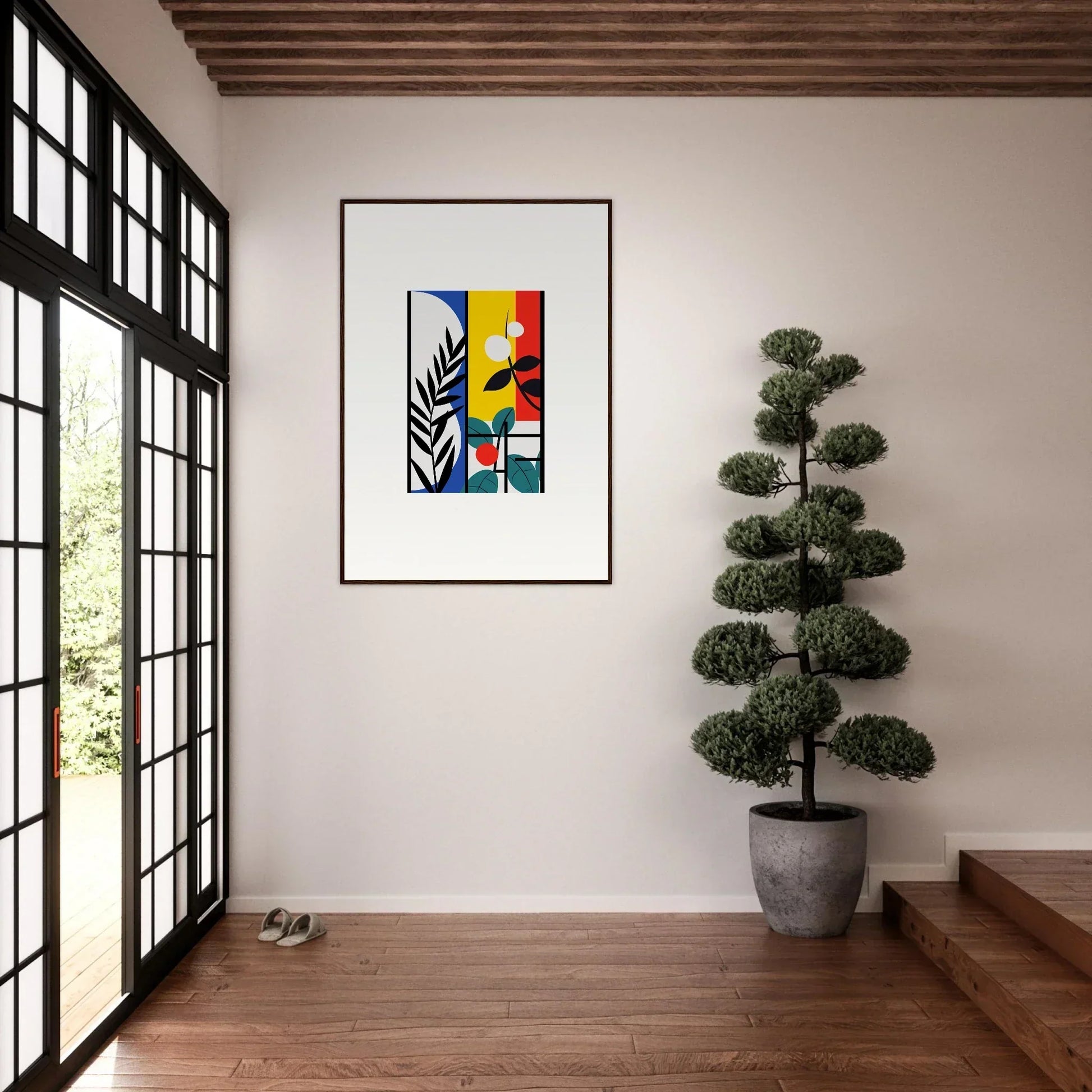 Framed abstract canvas print of Dreamfolk Blooming with vibrant geometric shapes