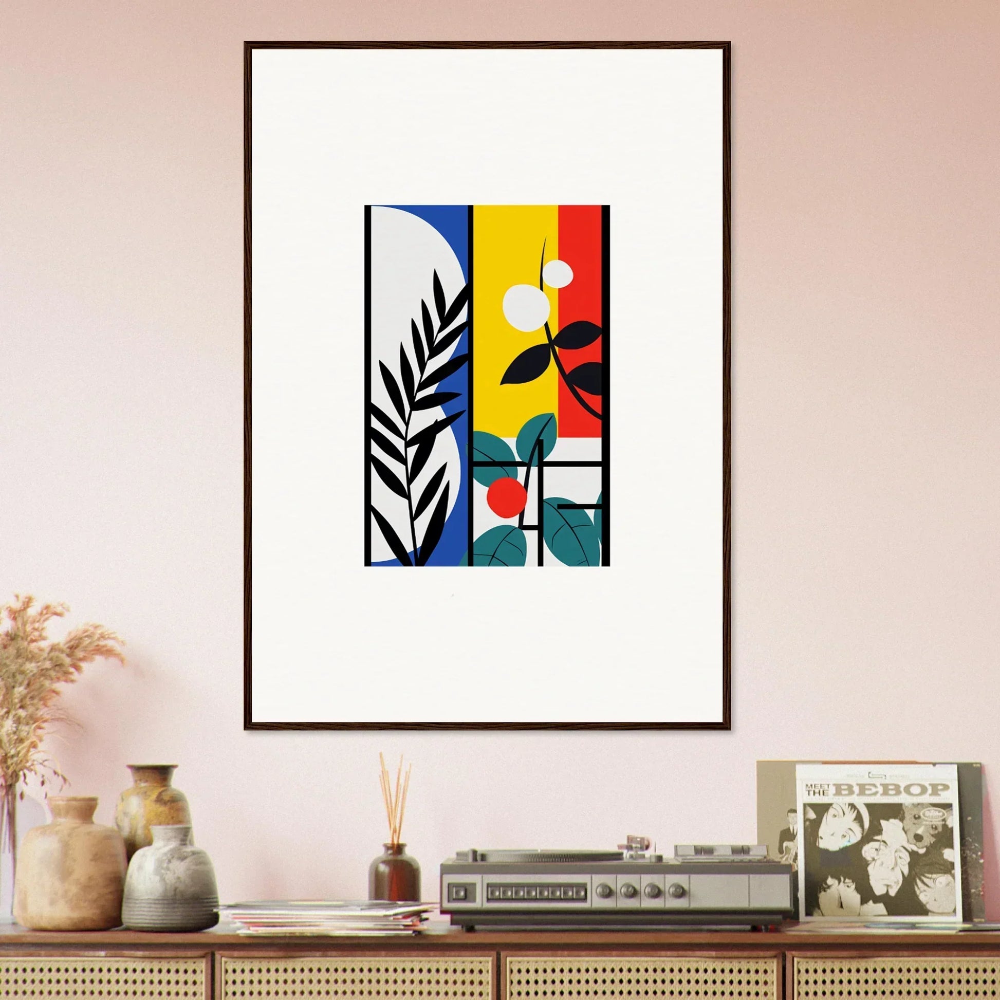 Framed abstract canvas print of Dreamfolk Blooming with colorful shapes and plants