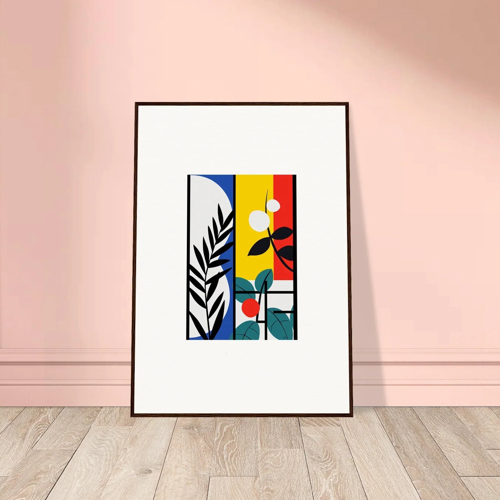 Framed canvas print of dreamfolk blooming with colorful geometric and plant shapes