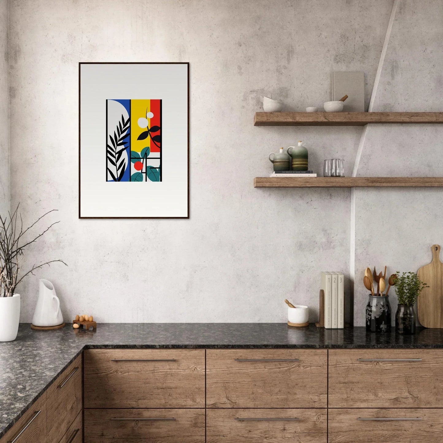 Framed abstract canvas print with colorful shapes and plant leaf for Dreamfolk Blooming decor