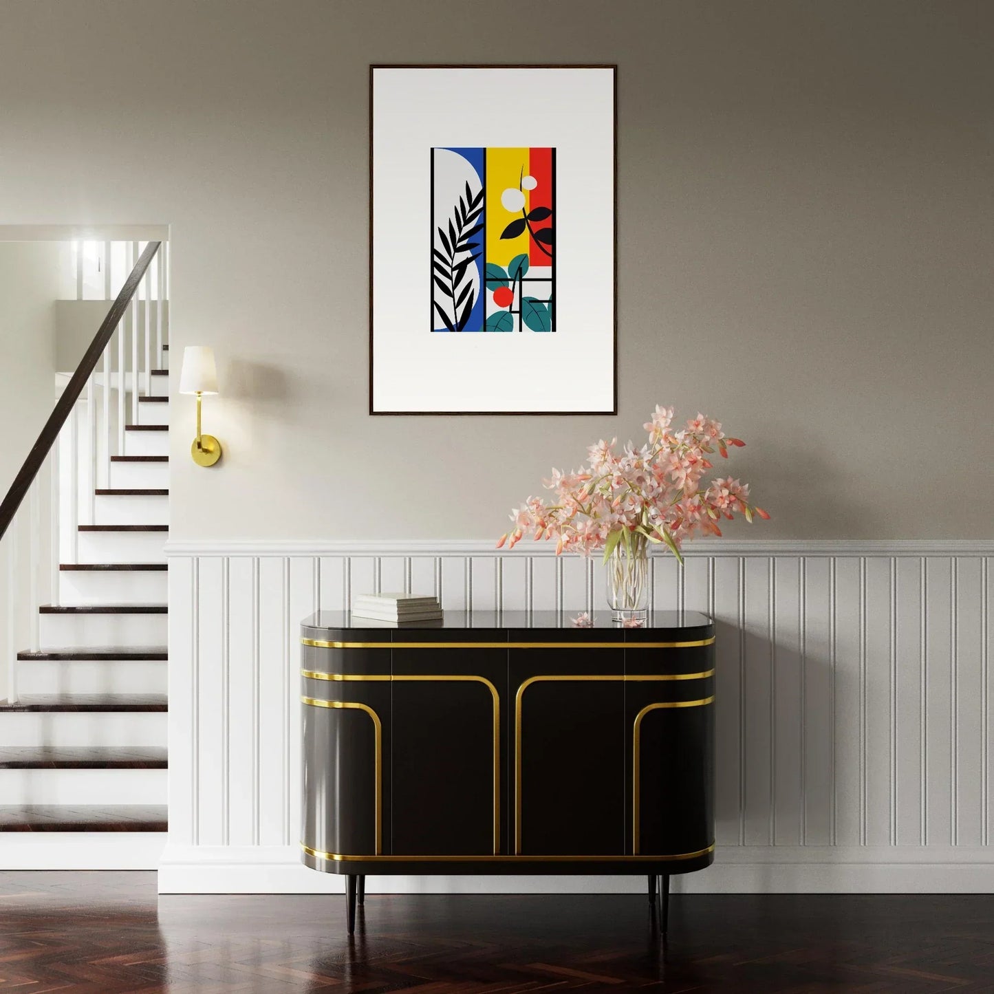 Sleek black sideboard with gold trim, perfect for Dreamfolk Blooming room decoration