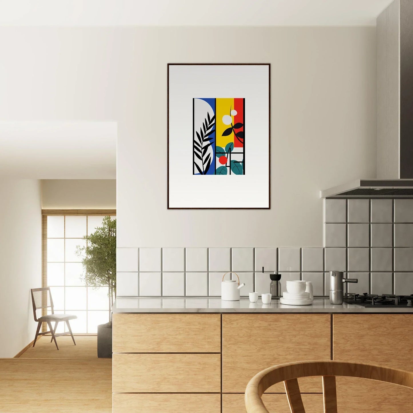 Framed abstract canvas print of Dreamfolk Blooming with colorful geometric shapes