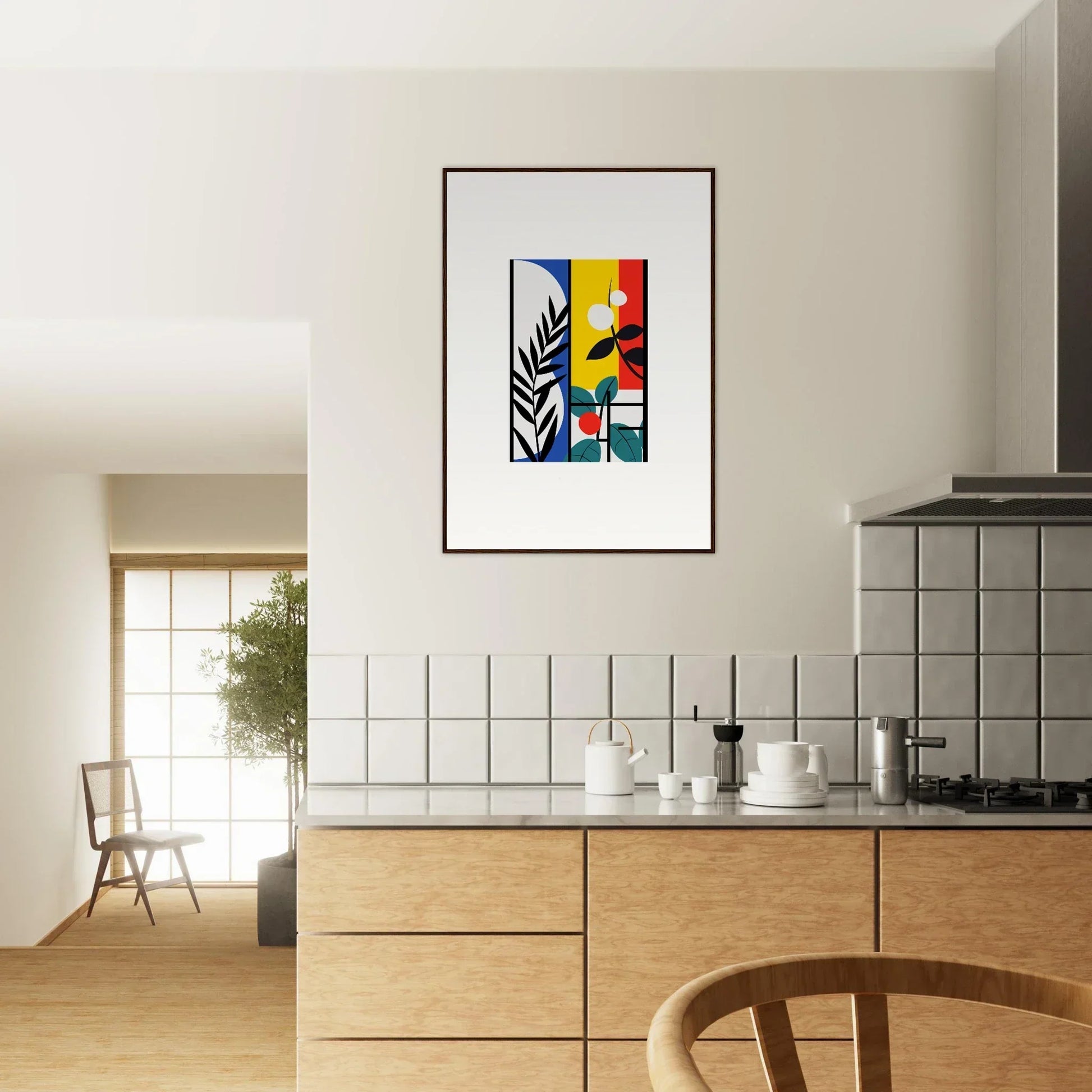 Framed abstract canvas print of Dreamfolk Blooming with colorful geometric shapes