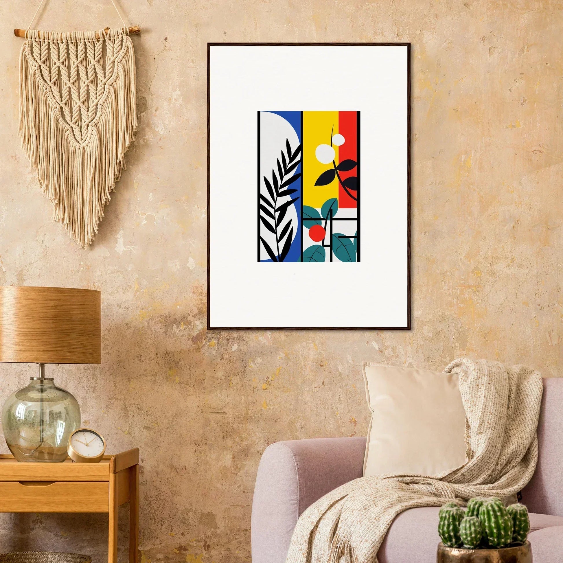 Framed canvas print of Dreamfolk Blooming with colorful shapes and plant elements for room decoration