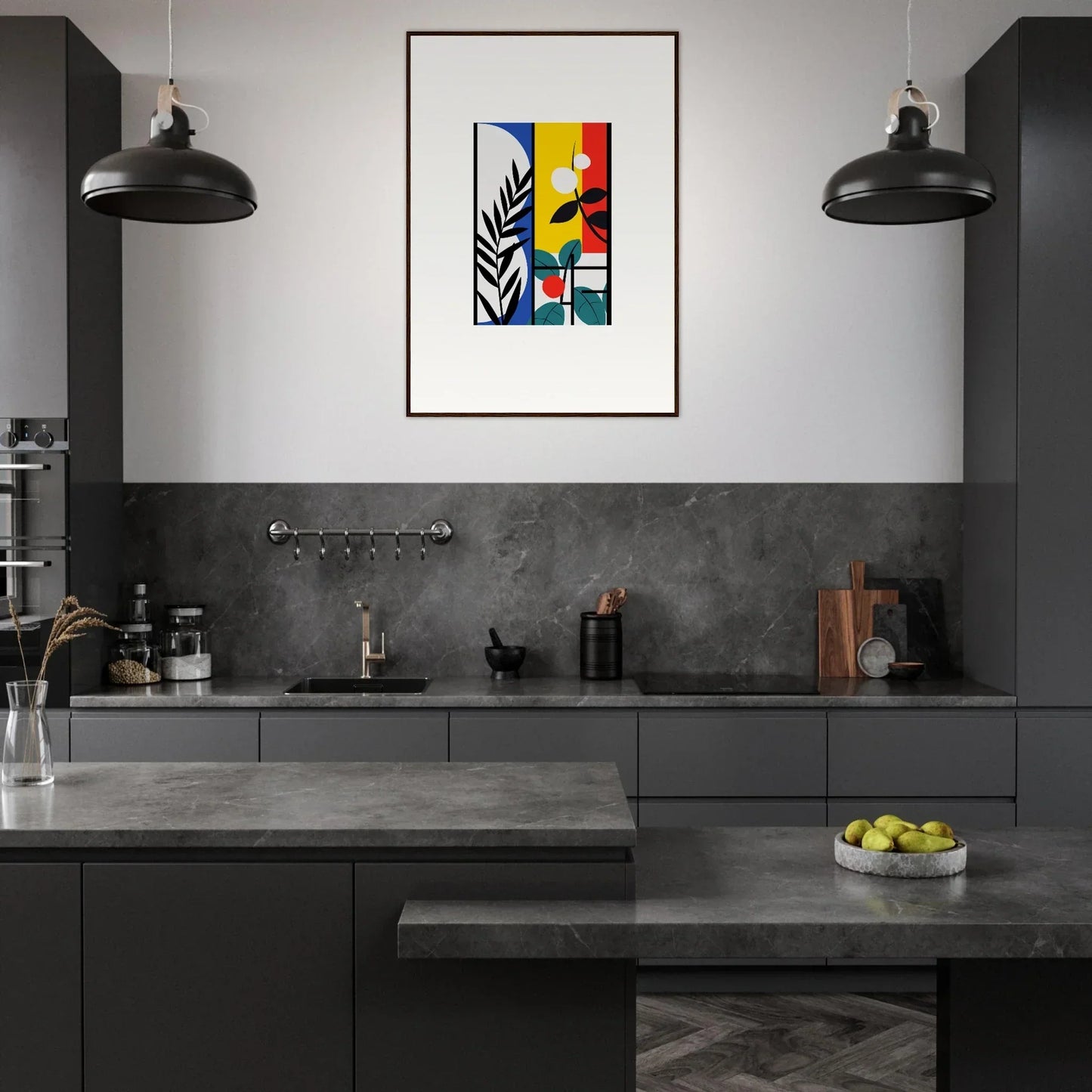 Modern kitchen with dark cabinets, concrete counters, and Dreamfolk Blooming canvas print