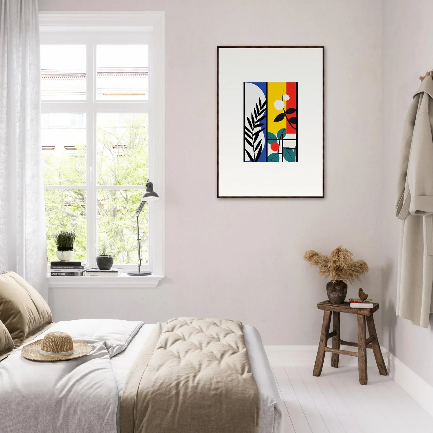 Framed abstract canvas print of Dreamfolk Blooming with colorful shapes and plant silhouette