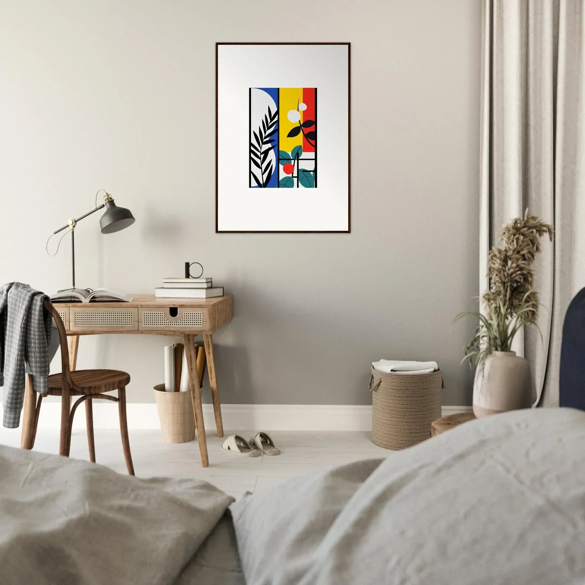 Framed canvas print of Dreamfolk Blooming, colorful shapes with a leafy silhouette