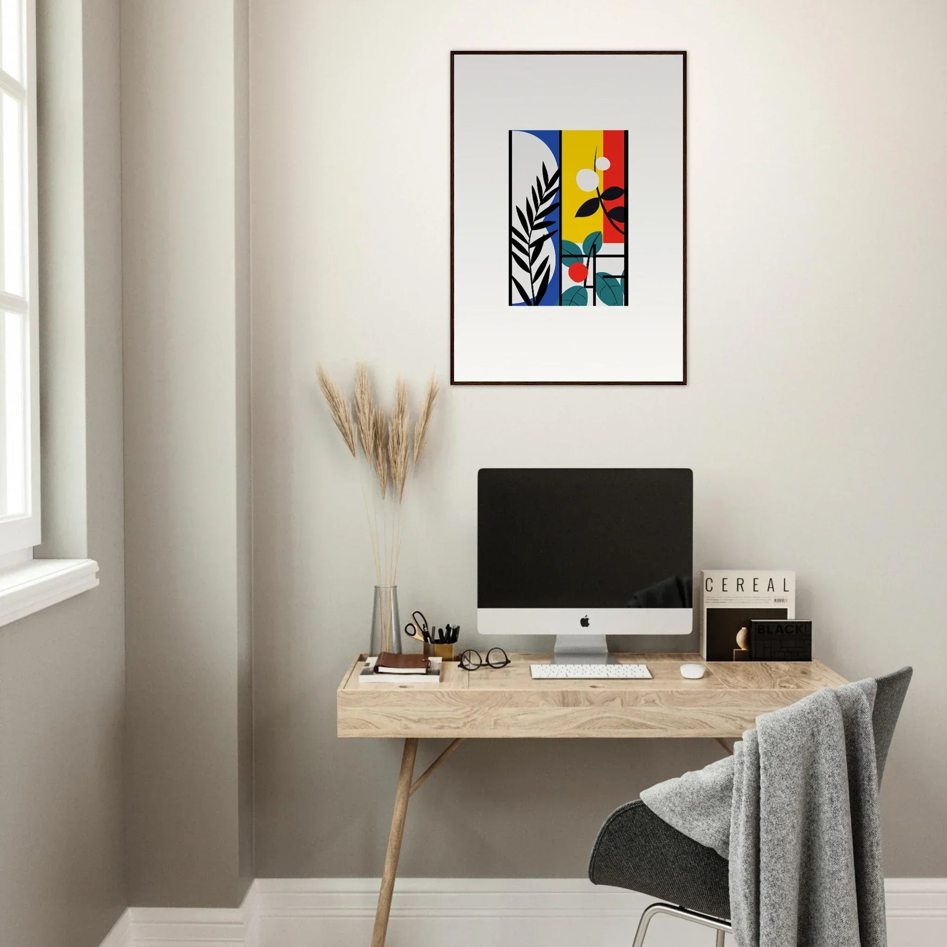 Minimalist home office with a wooden desk, computer, and Dreamfolk Blooming canvas print