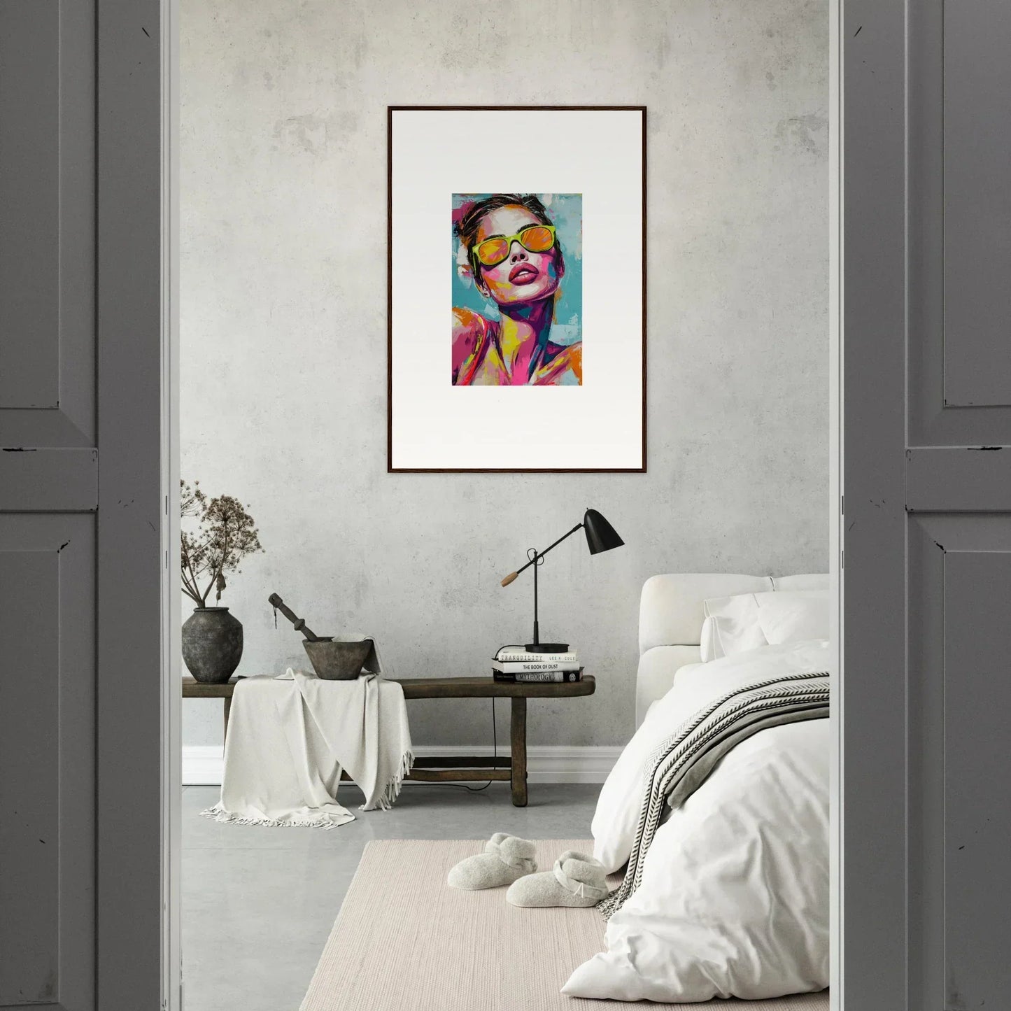 Colorful canvas print of a person in yellow sunglasses, perfect for room decoration and Radiant Reverie vibes