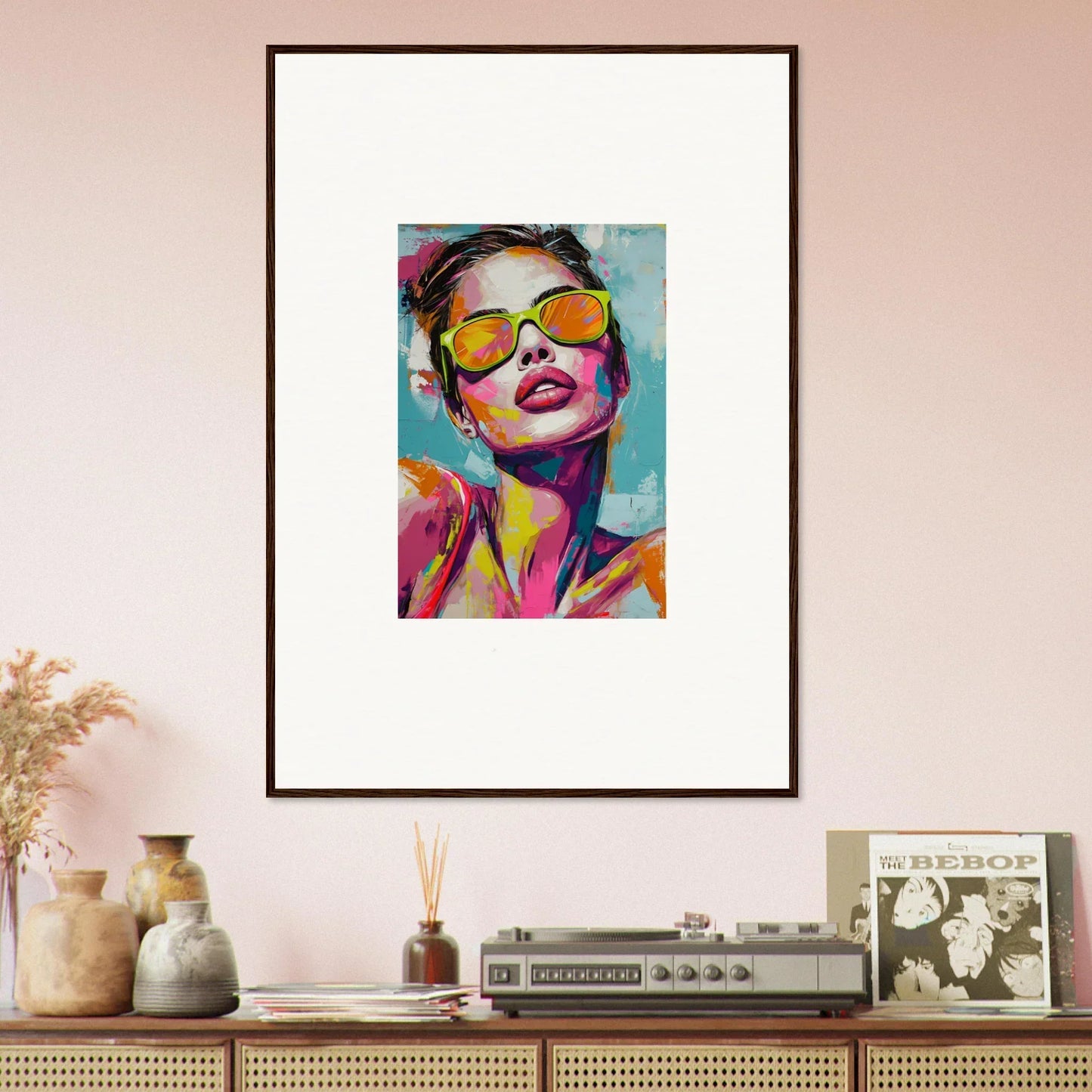 Colorful canvas print of a person in yellow sunglasses for vibrant room decoration