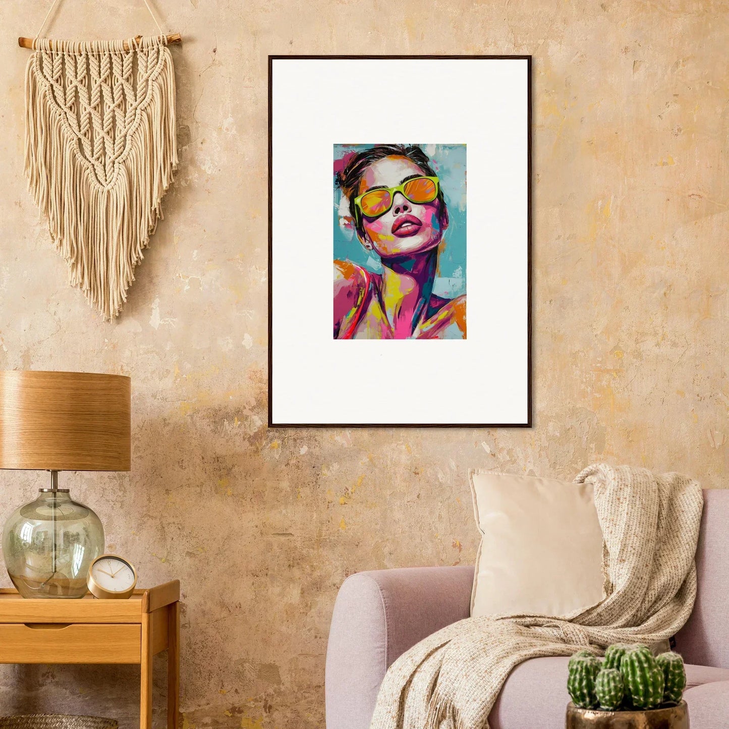 Colorful framed portrait of a woman in sunglasses, perfect for Radiant Reverie room decoration