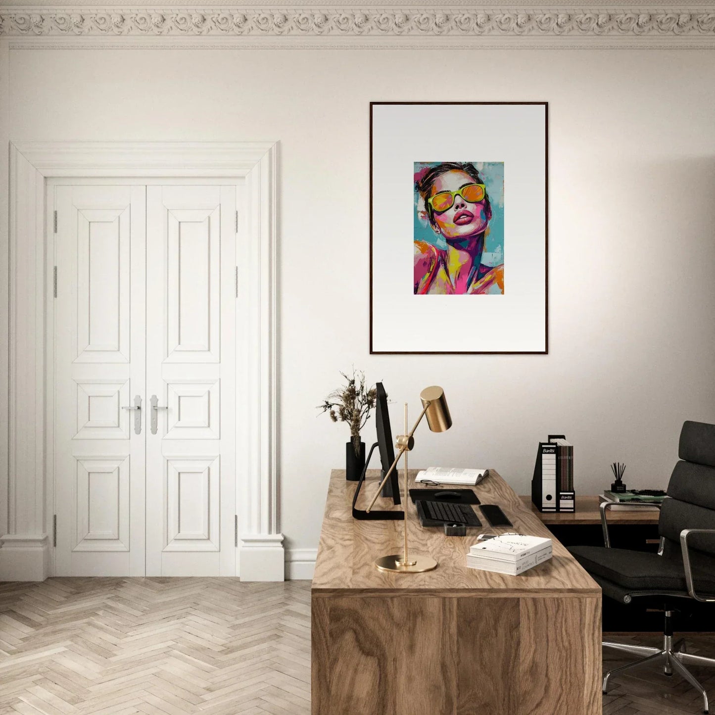 Stylish home office featuring a wooden desk and vibrant canvas print of Radiant Reverie