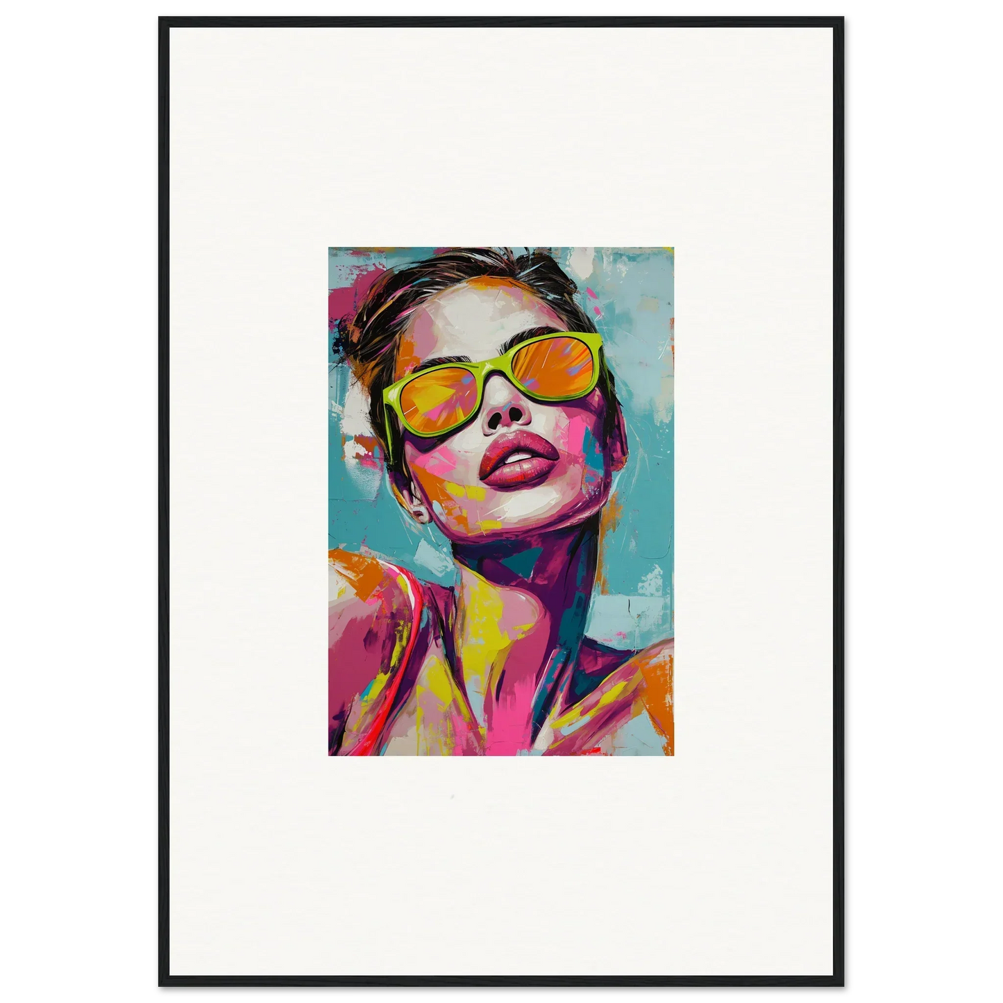 Colorful canvas print of a person in yellow sunglasses, perfect for vibrant room decoration
