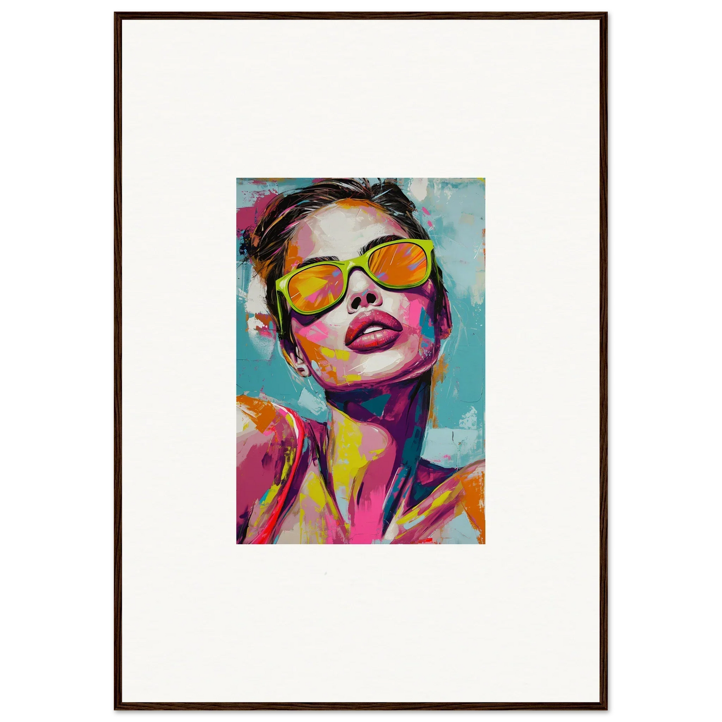 Colorful canvas print of a person in yellow sunglasses for vibrant room decoration