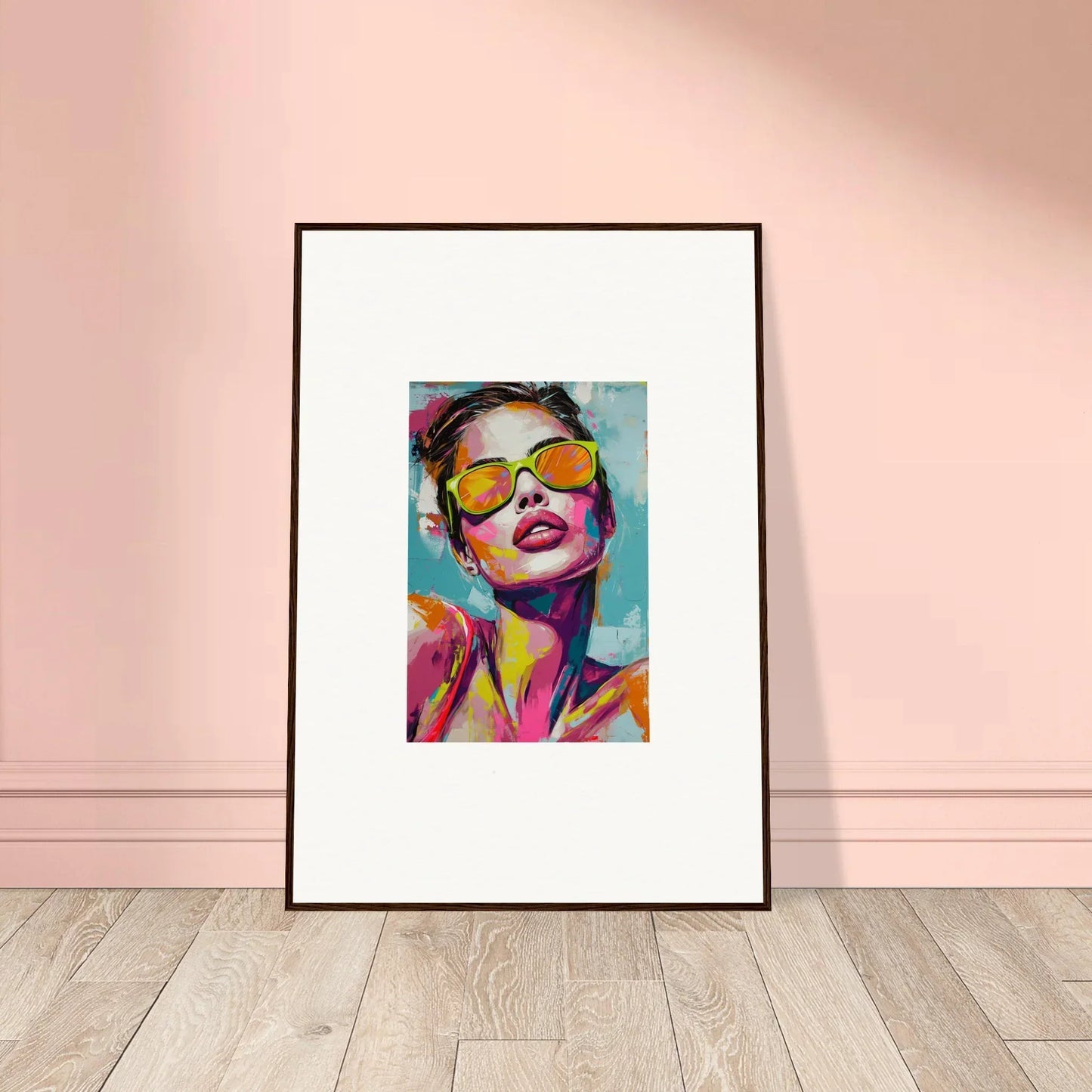 Framed canvas print of a person in yellow sunglasses for vibrant room decoration