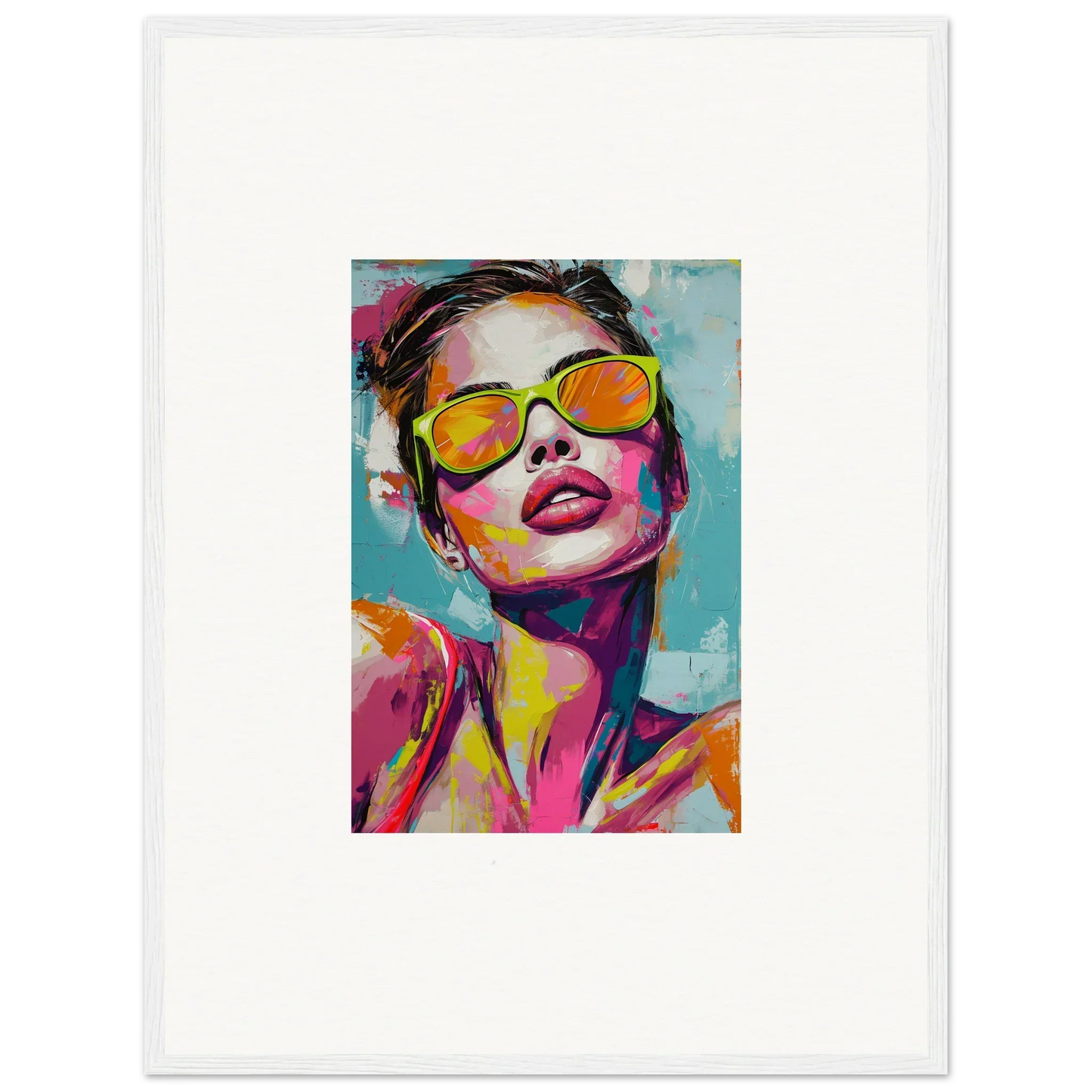 Colorful portrait of a person in yellow sunglasses perfect for Radiant Reverie room decoration
