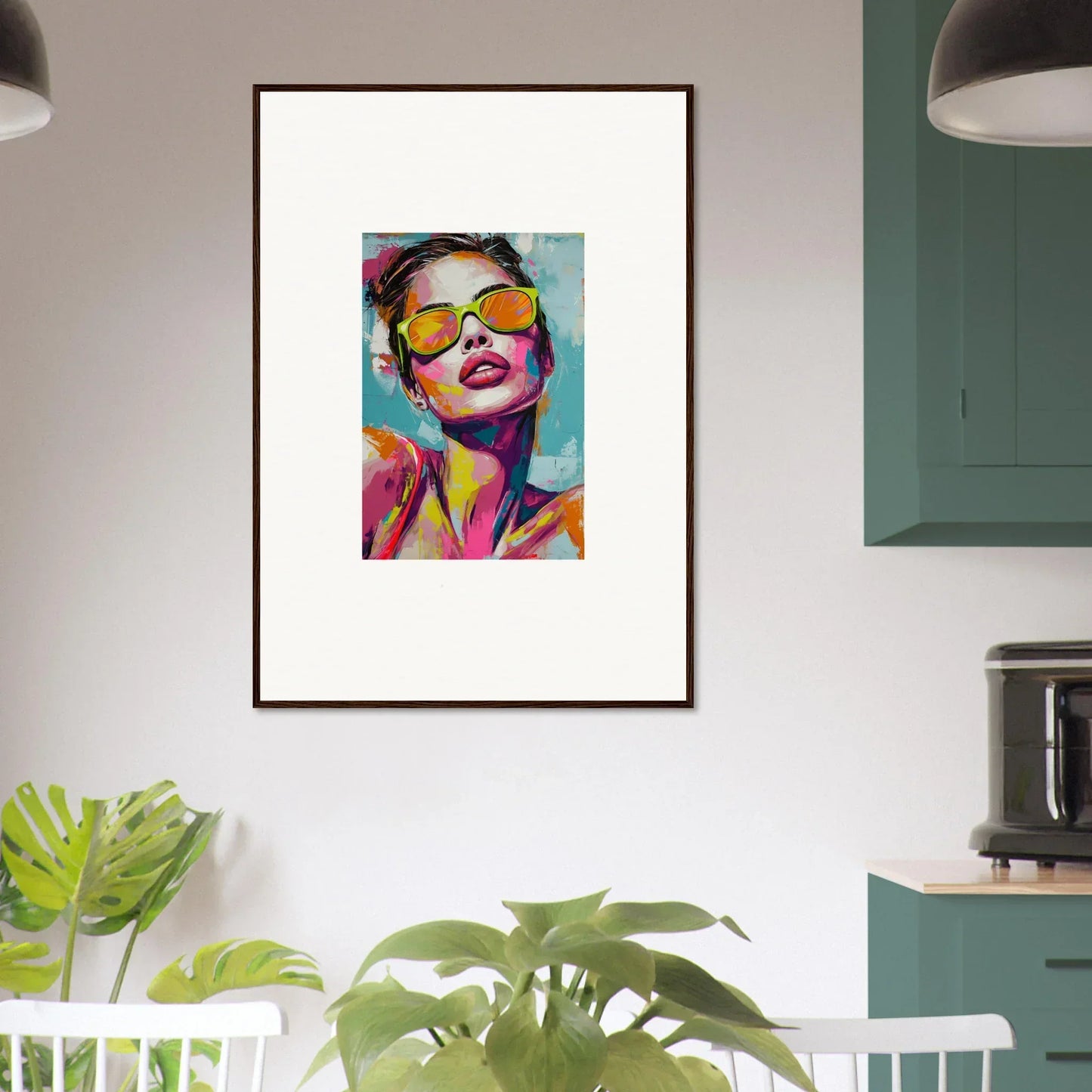 Colorful canvas print of a person in yellow sunglasses for vibrant room decoration