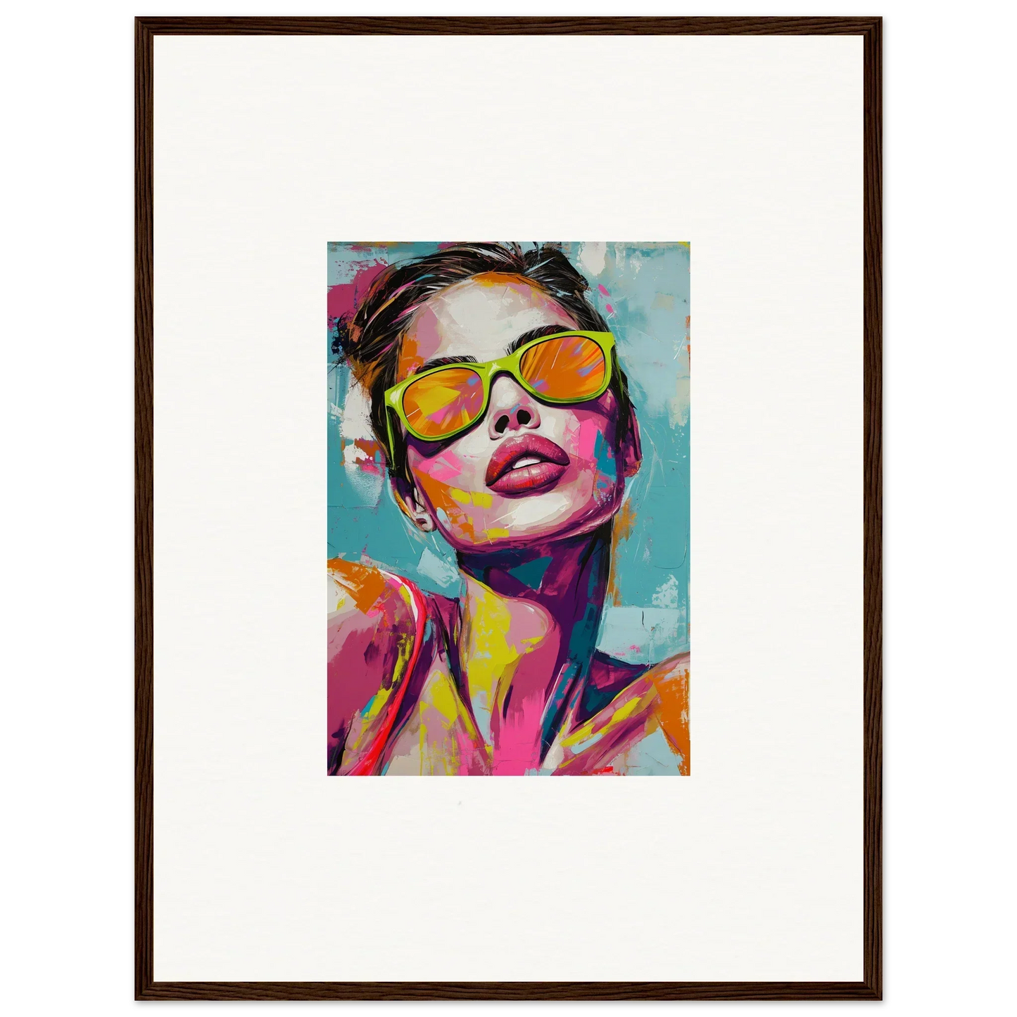 Colorful canvas print of a person in yellow sunglasses, perfect for room decoration