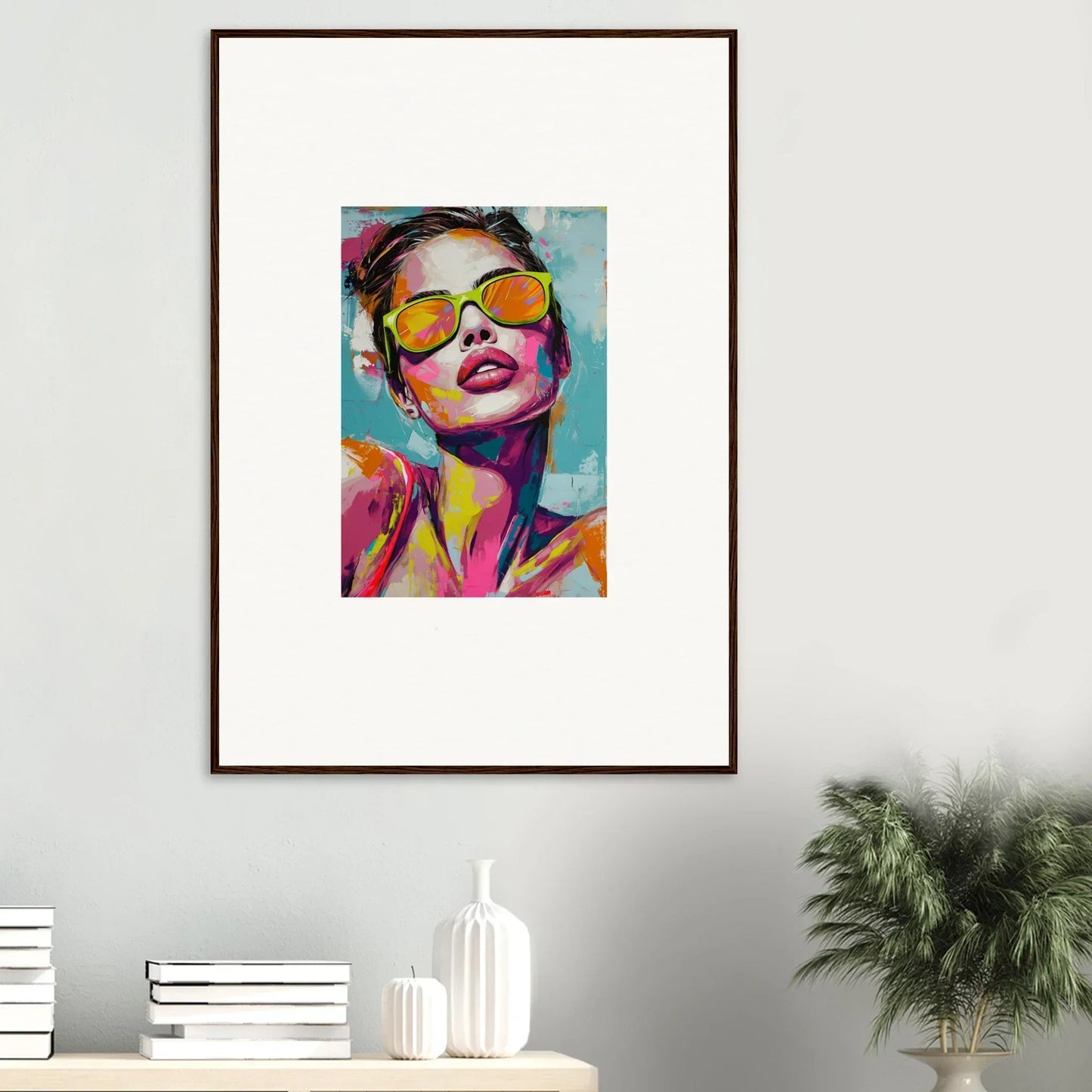 Colorful portrait of a person in yellow sunglasses, perfect for radiant reverie room decoration