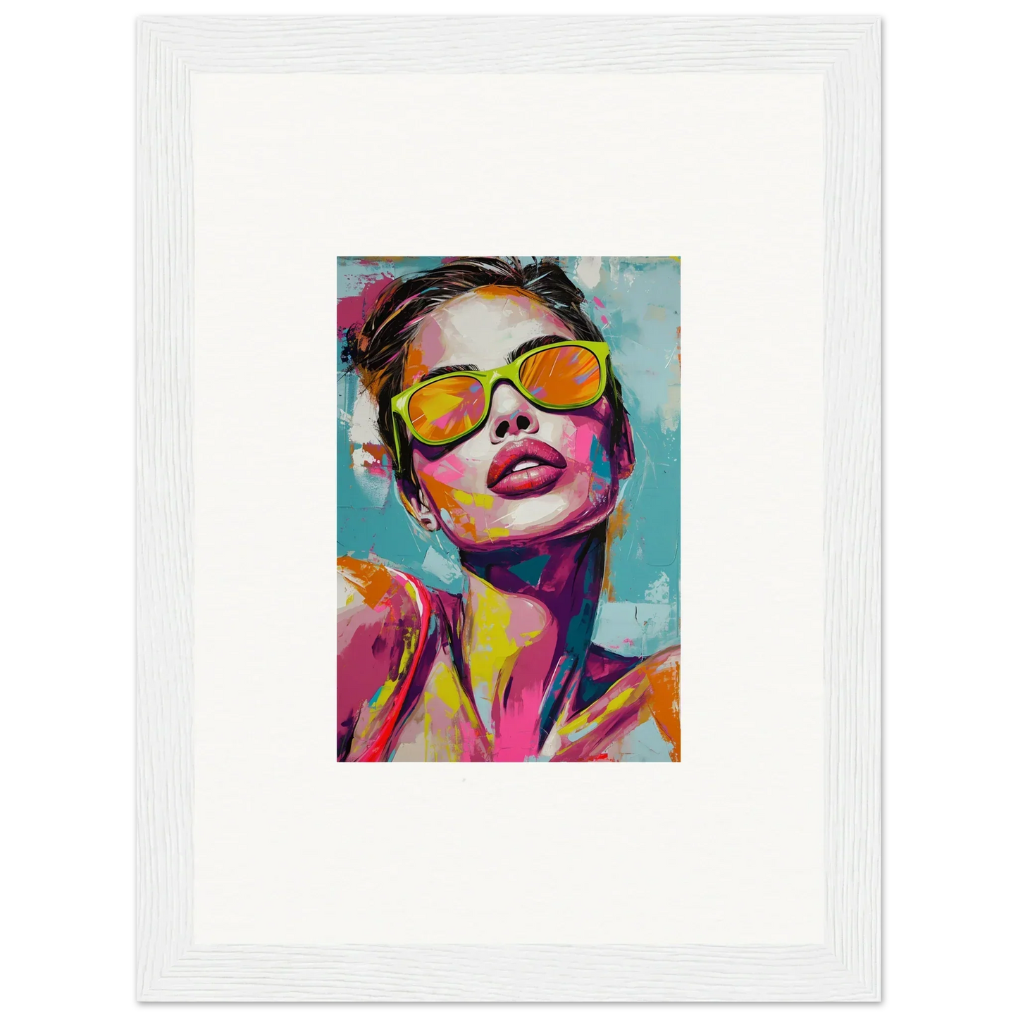 Colorful canvas print of a person in yellow sunglasses for radiant reverie room decoration