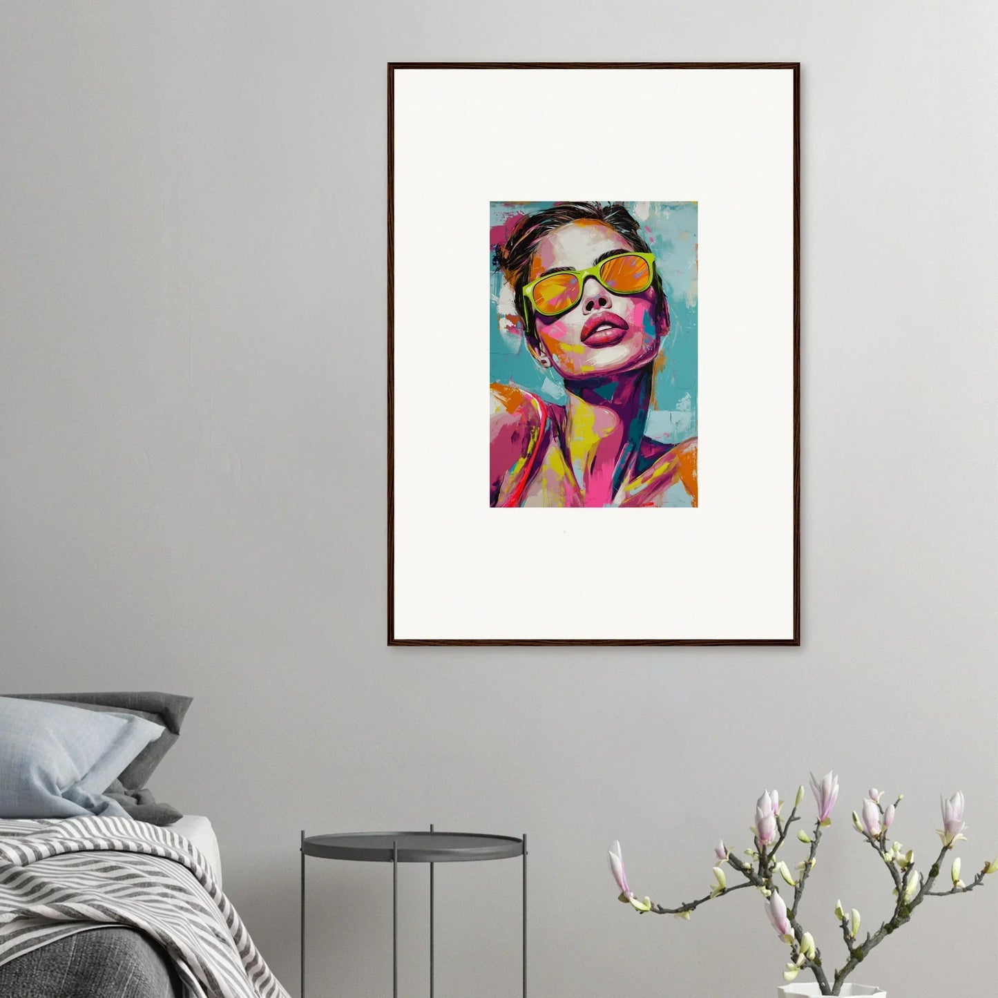 Colorful portrait with yellow sunglasses, perfect for a Radiant Reverie room decoration canvas print