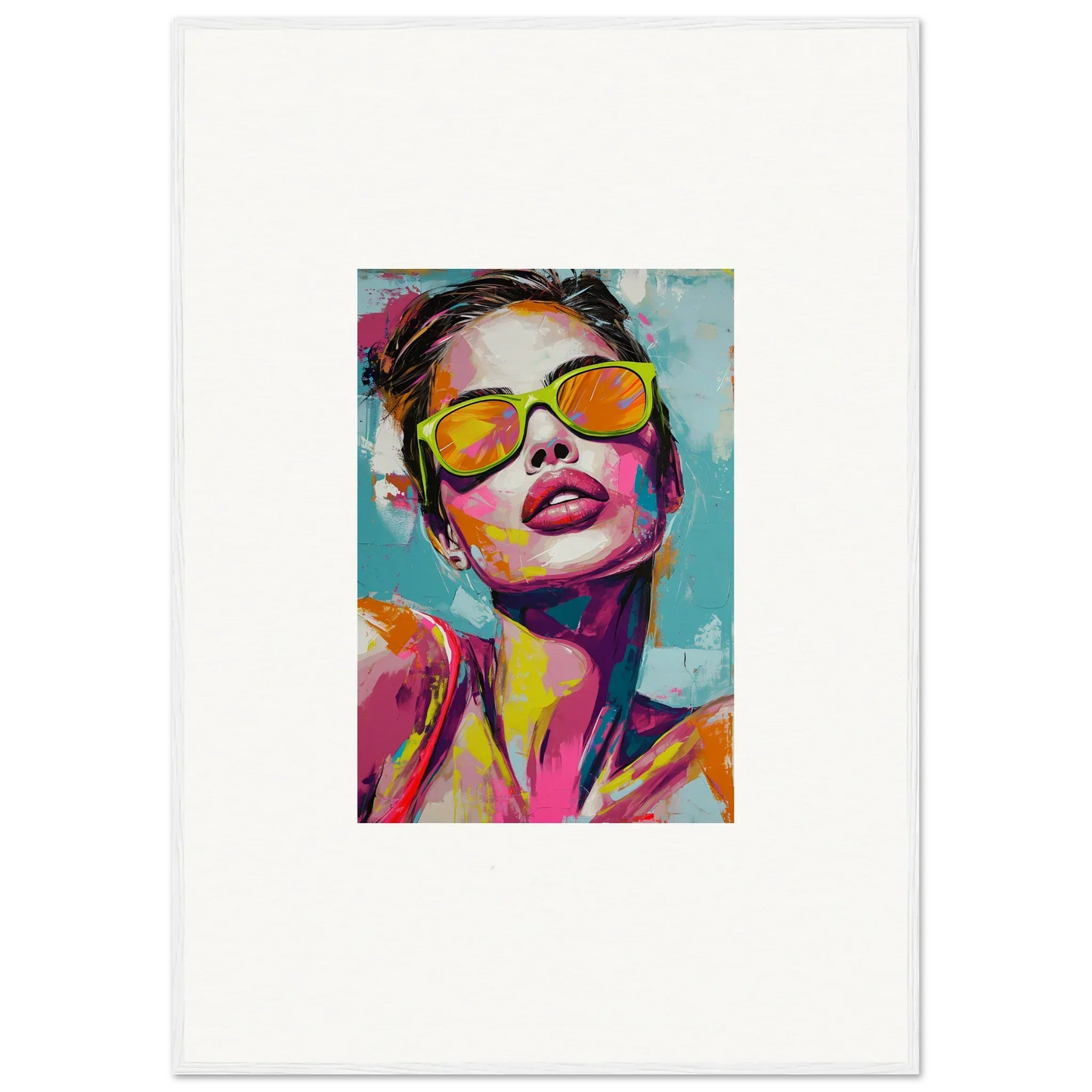 Colorful portrait painting for room decoration featuring yellow sunglasses and a radiant reverie vibe