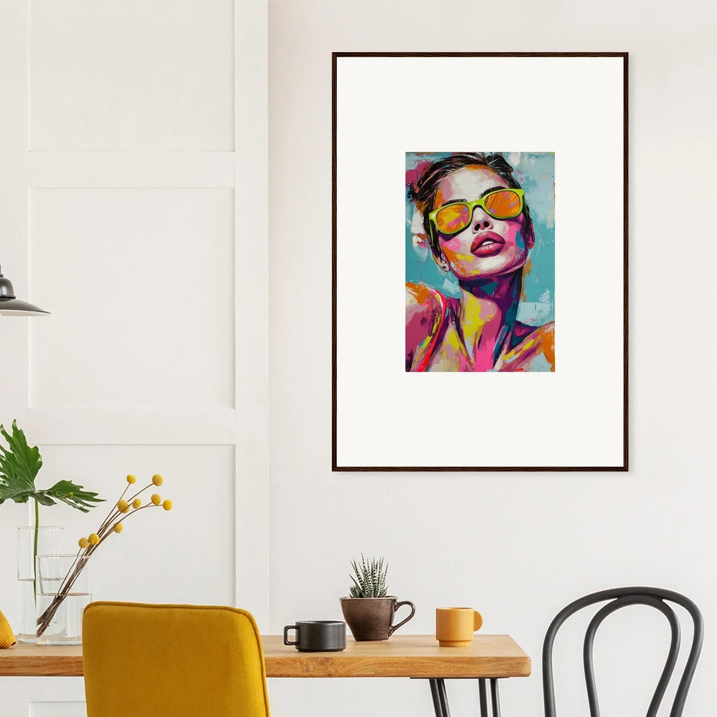 Colorful canvas print of a person in yellow sunglasses, perfect for radiant reverie room decoration