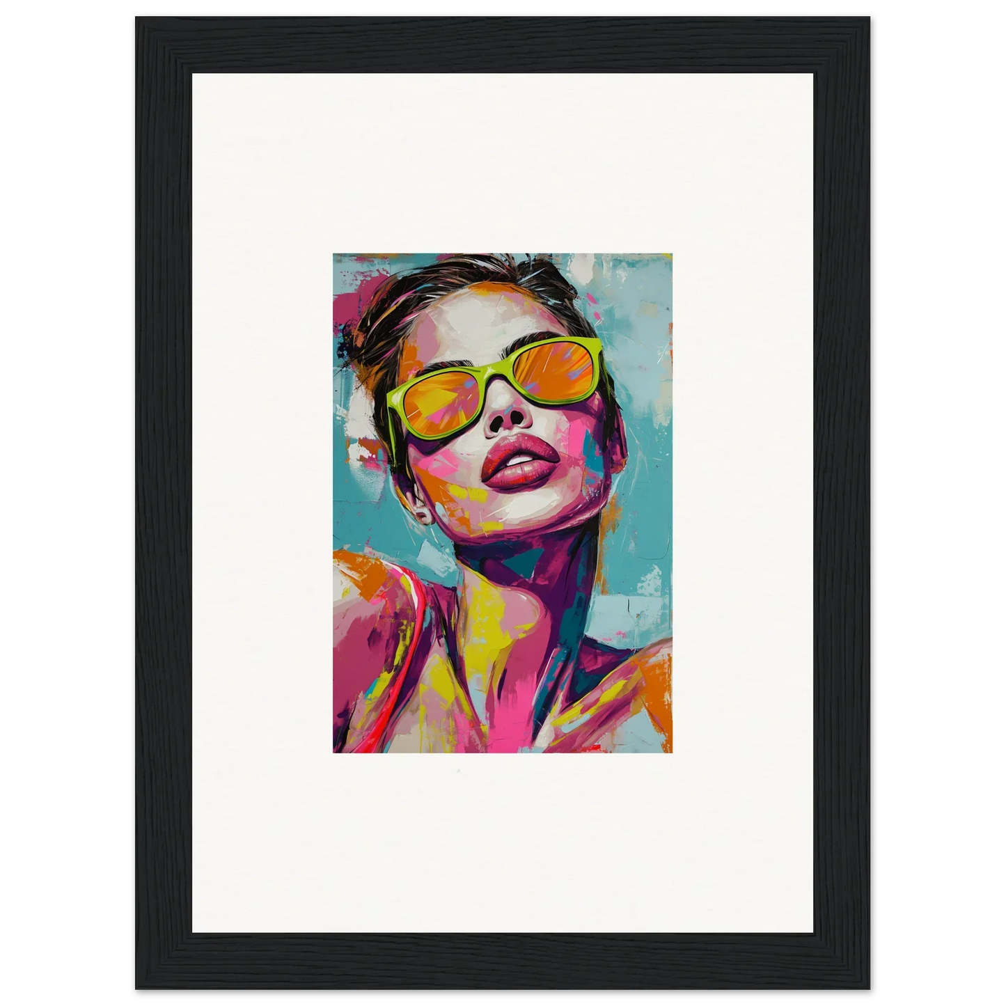 Colorful canvas print of a person in yellow sunglasses for vibrant room decoration