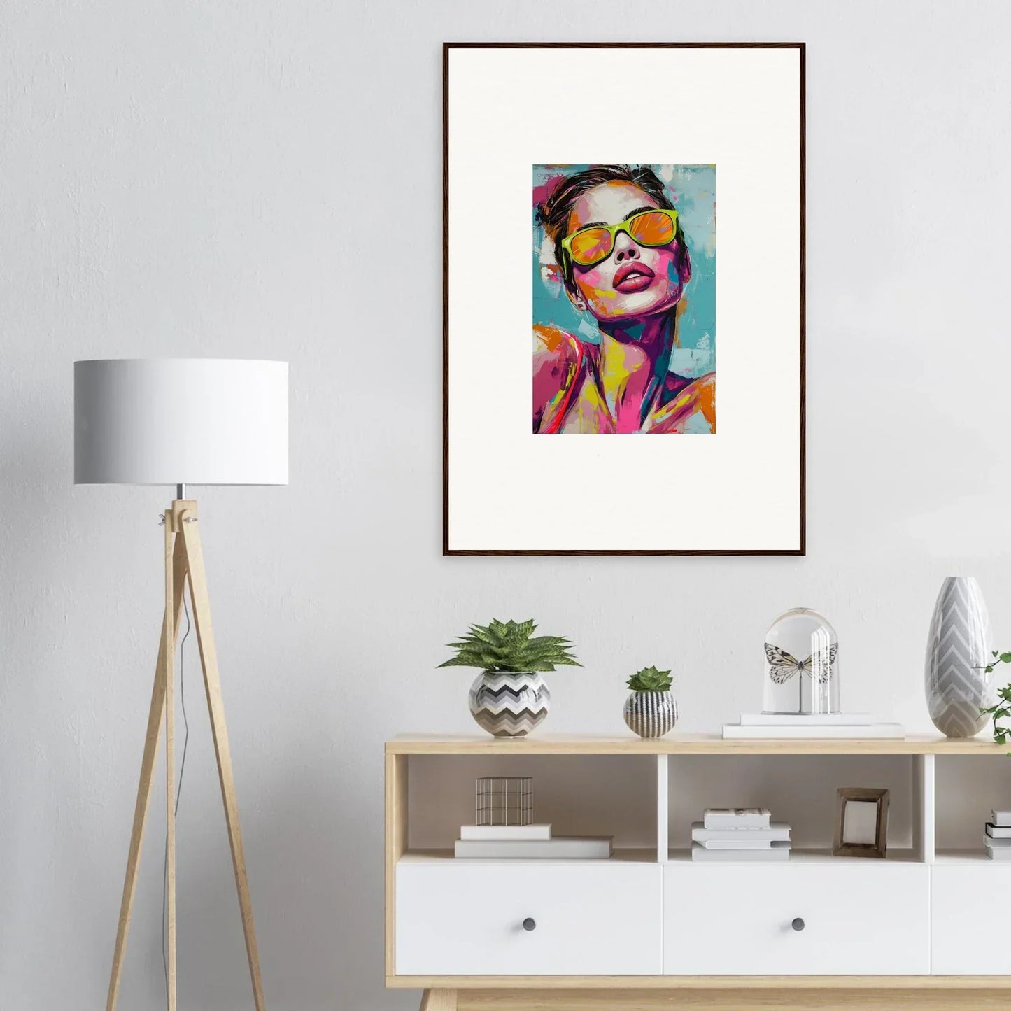 Colorful pop art portrait in yellow sunglasses, perfect for room decoration as a canvas print