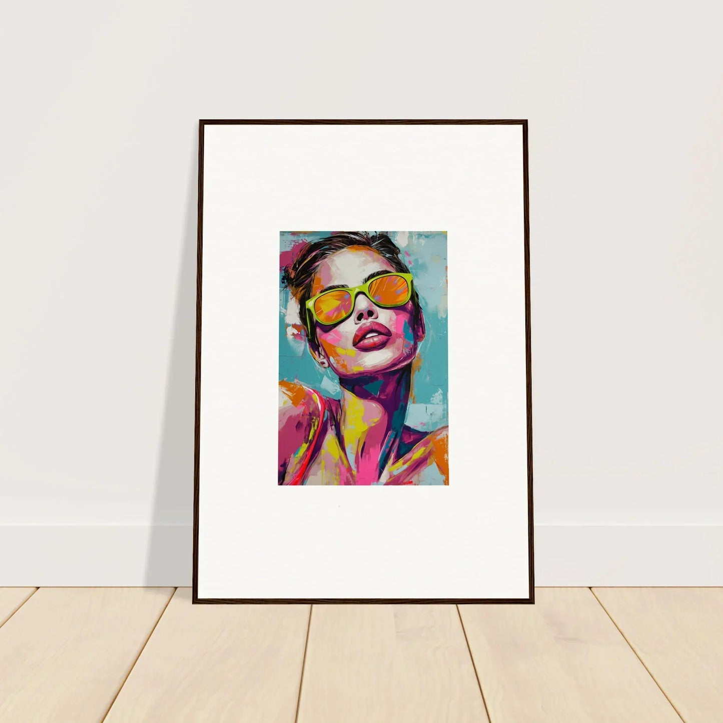 Colorful portrait with vibrant sunglasses, perfect for room decoration or a Radiant Reverie canvas print