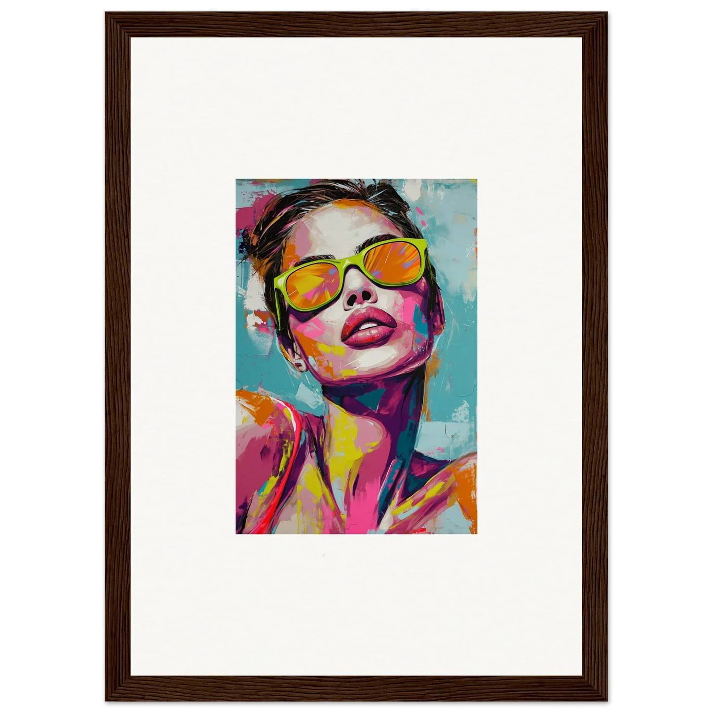 Colorful portrait of a person in yellow sunglasses, perfect for room decoration as a canvas print
