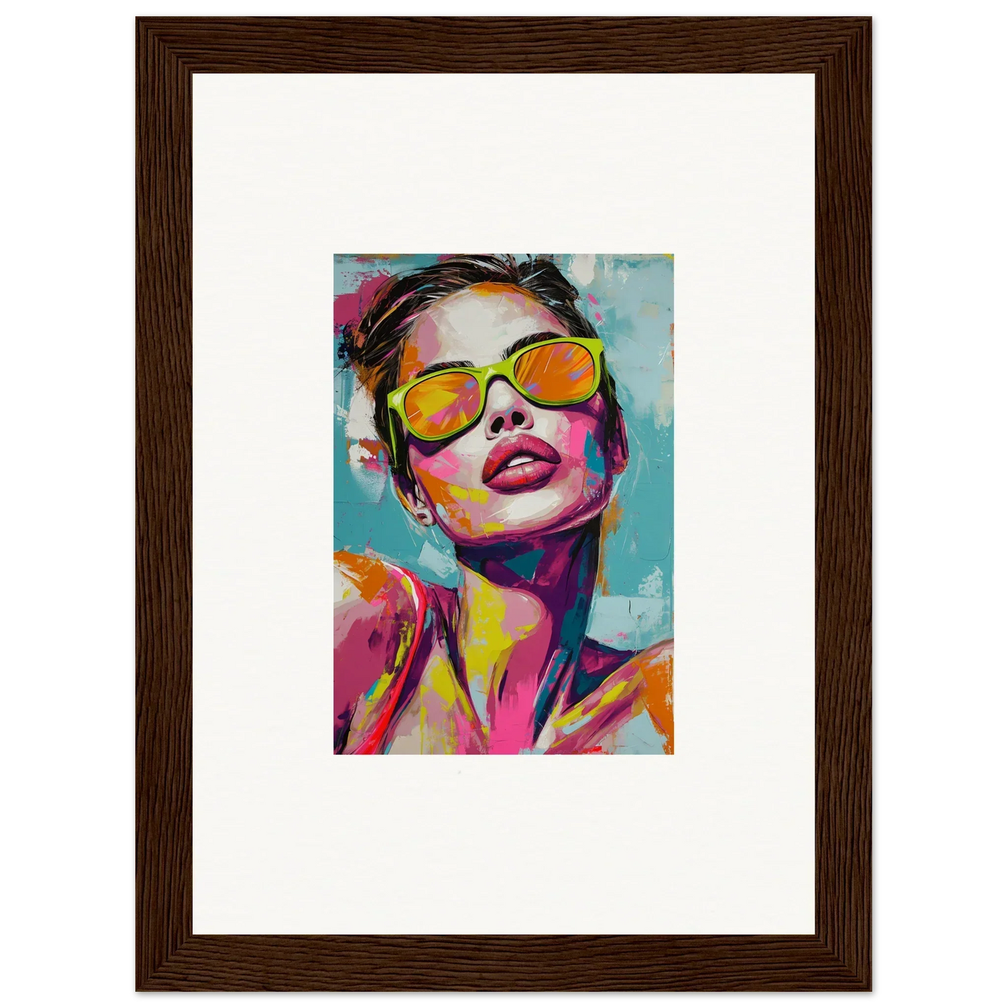 Colorful portrait of a person in yellow sunglasses, perfect for Radiant Reverie room decoration