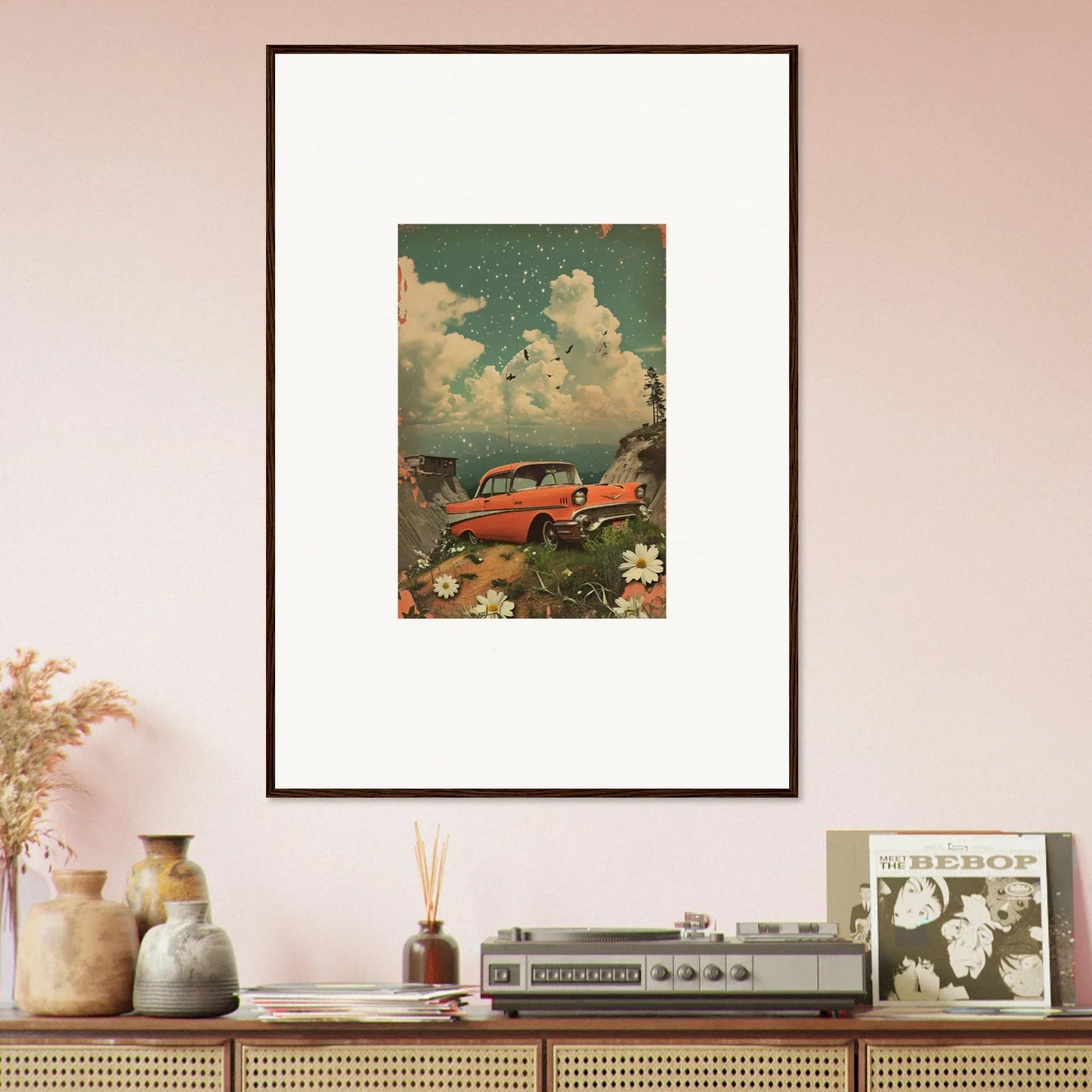 Framed canvas print of a vintage red car floating in clouds and flowers, perfect poppy companion