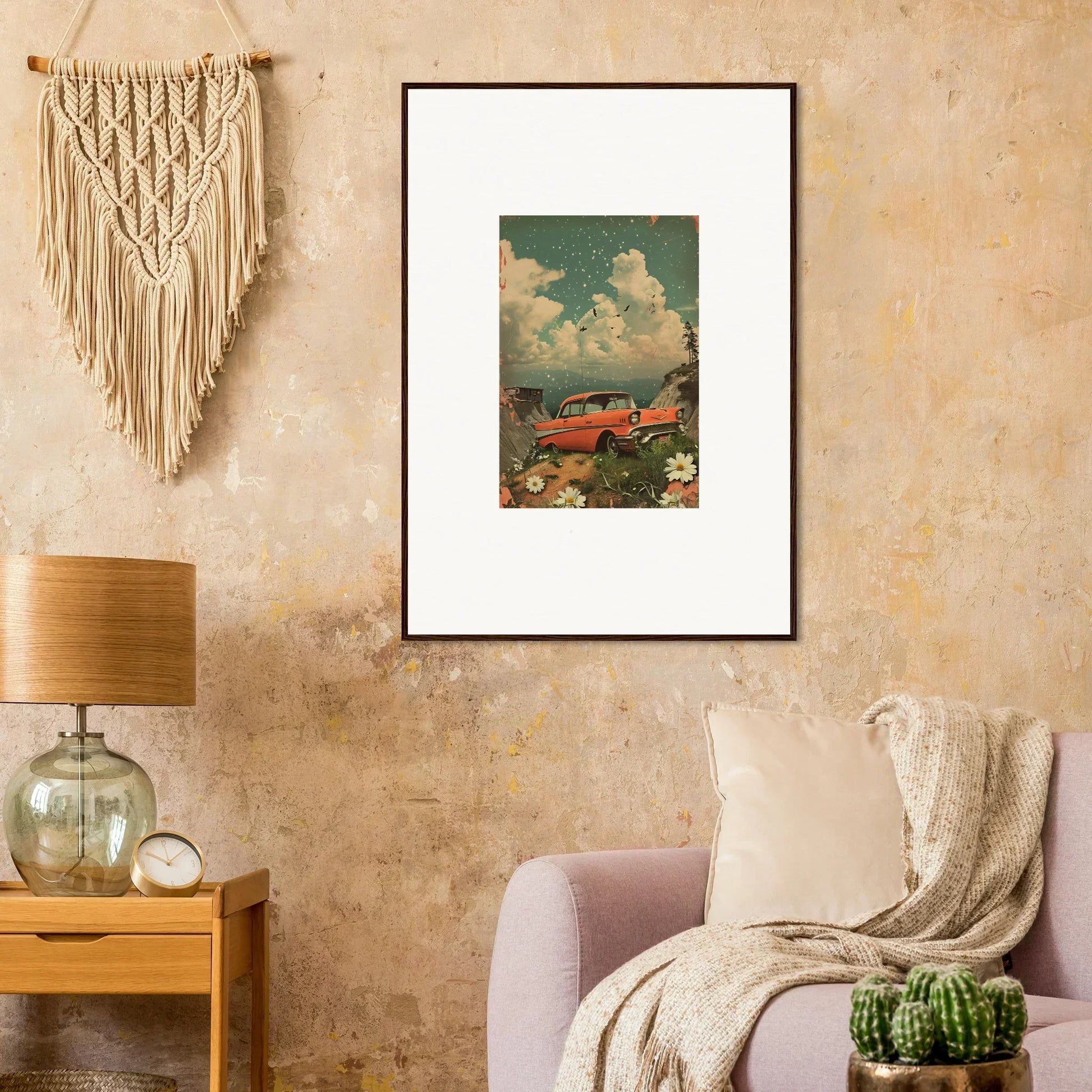 Vintage-style canvas print of a red car and flowers, perfect for Poppy Companion decor