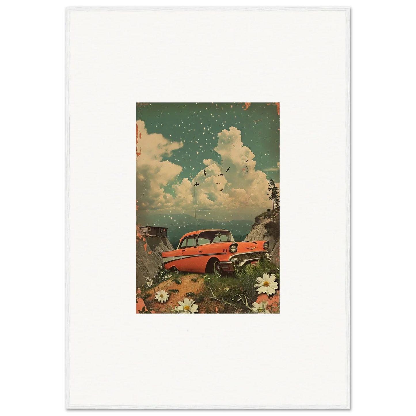 Vintage red car with flowers and clouds perfect for Poppy Companion room decoration canvas print