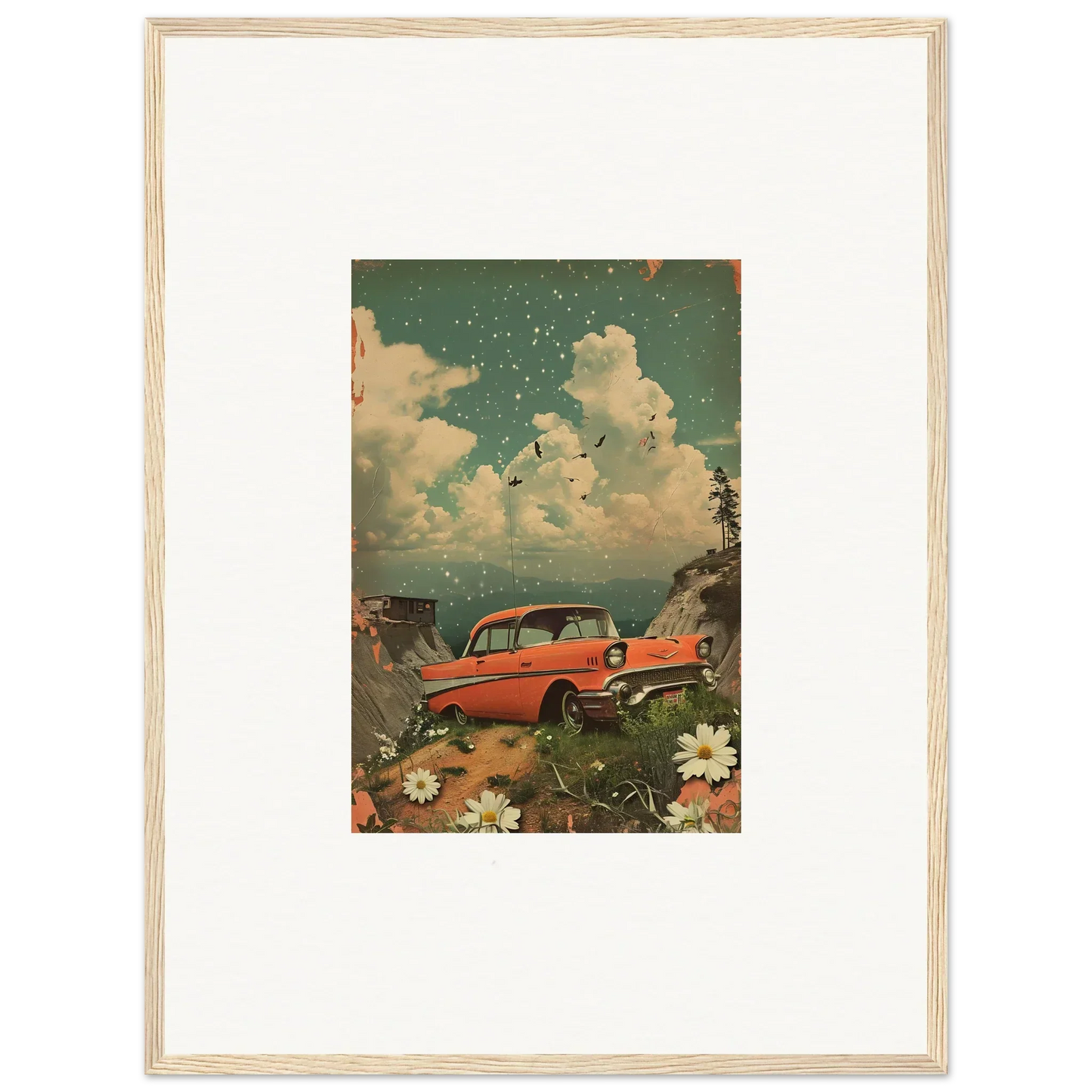 Vintage illustration of a red classic car with flowers for your Poppy Companion canvas print