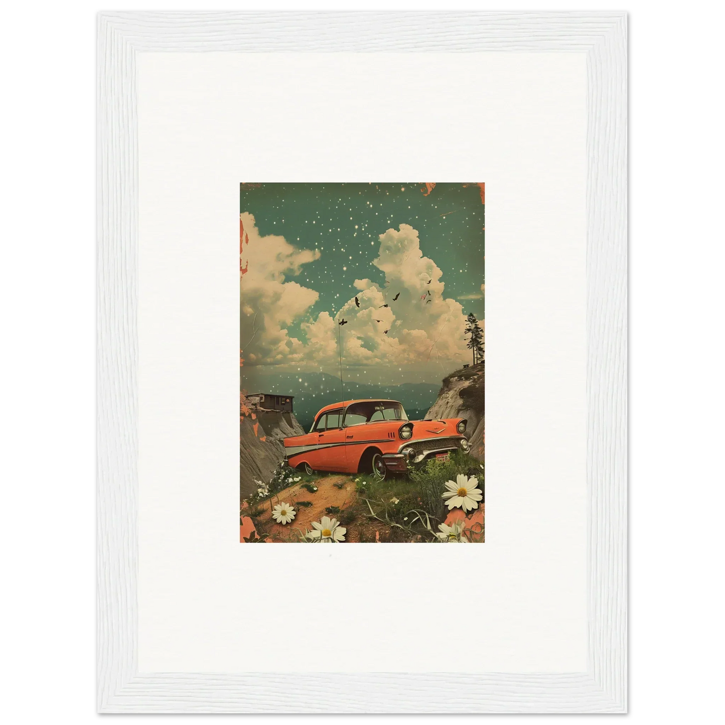 Vintage red car surrounded by flowers and clouds, perfect for your Poppy Companion canvas print