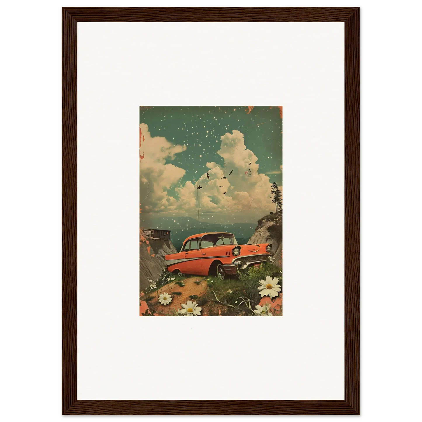 Framed vintage-style canvas print of a red classic car with flowers for poppy companion decor