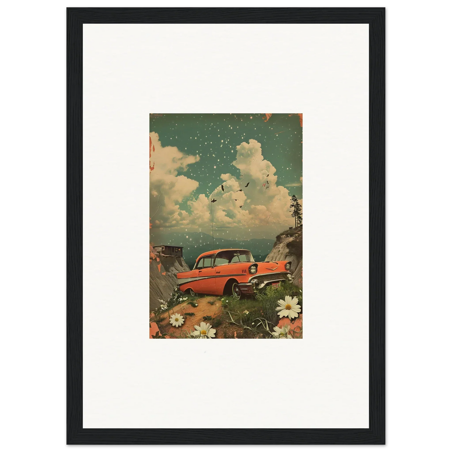 Vintage red car surrounded by flowers in a dreamy landscape, perfect for your Poppy Companion canvas print