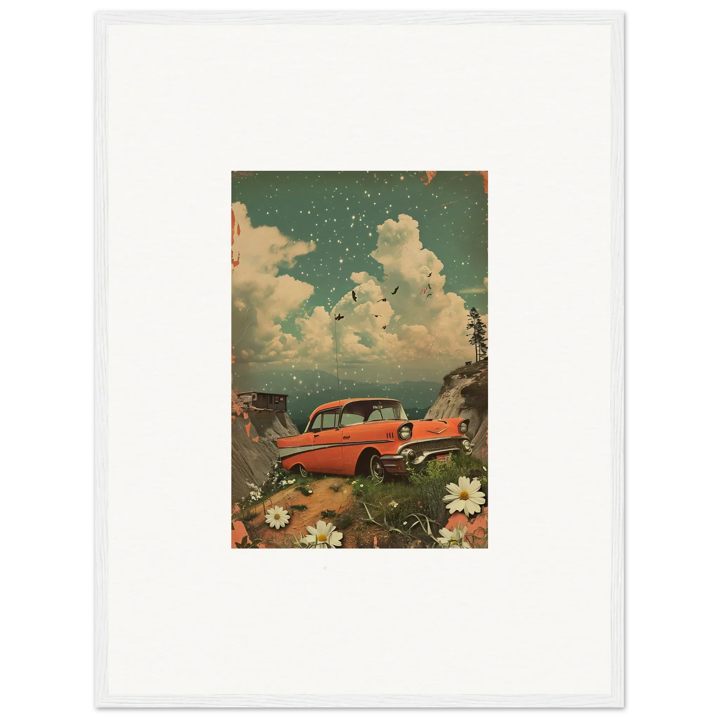 Vintage red car surrounded by flowers under a starry sky for poppy companion decor