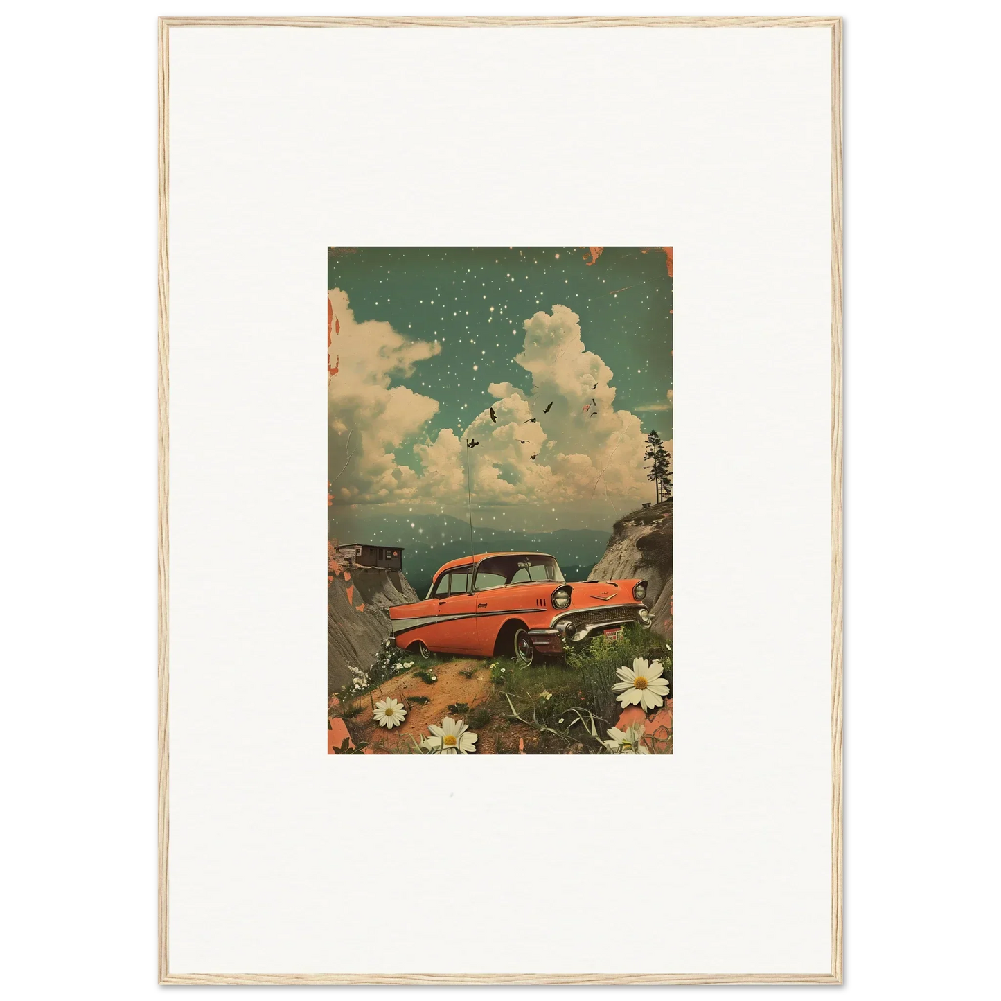 Vintage red classic car illustration with flowers for a fun Poppy Companion canvas print
