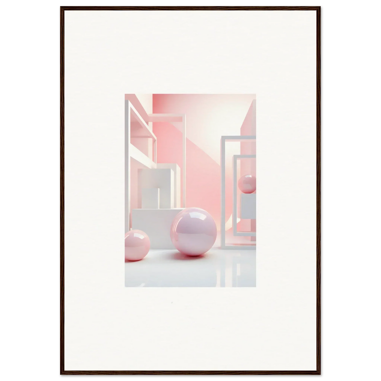 Framed abstract wall art with geometric shapes and pink spheres for cool room decoration