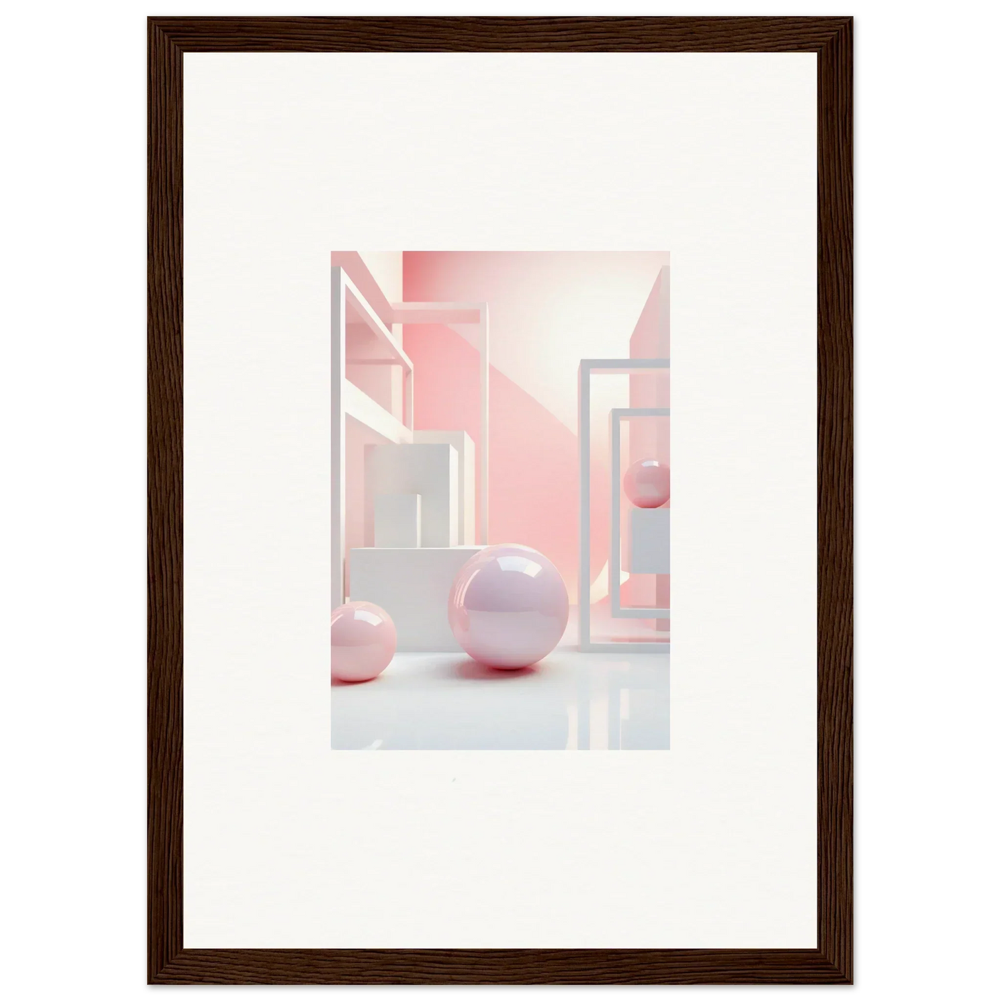 Framed abstract wall art with geometric shapes and pink spheres for room decoration