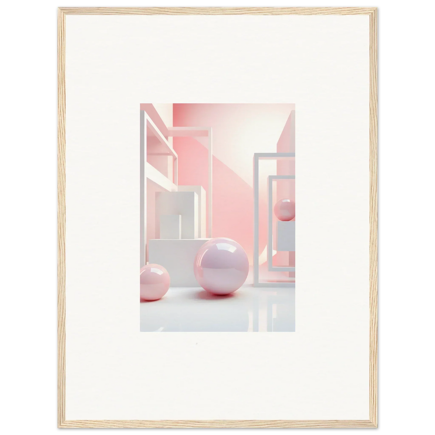 Framed abstract wall art with soft pink geometric shapes for stylish room decoration
