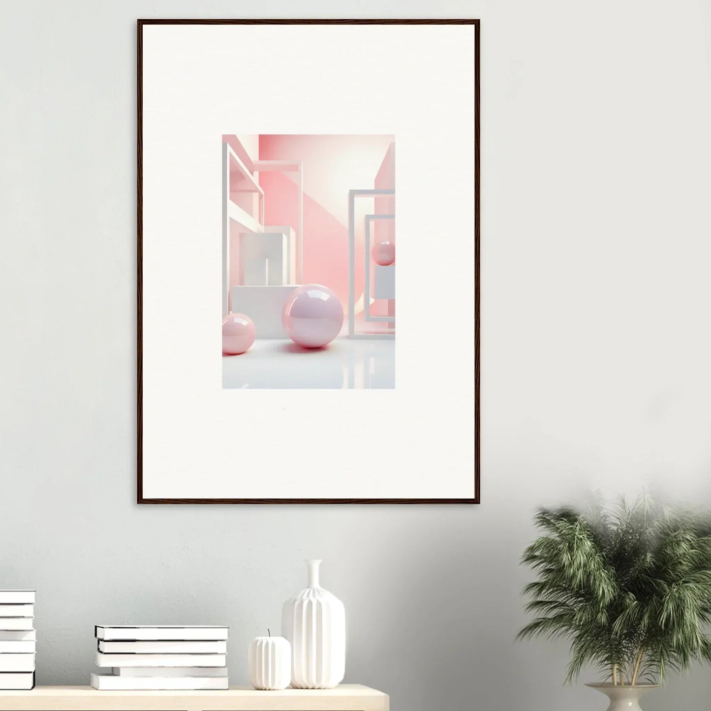 Framed canvas print of a minimalist pink interior scene for stylish room decoration